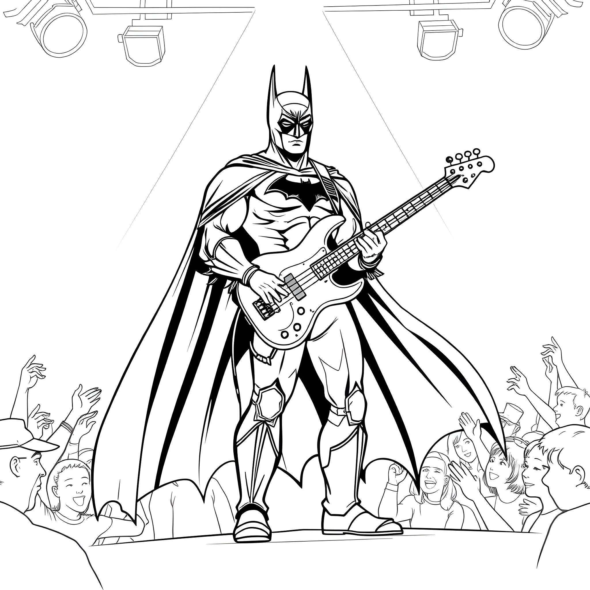 Batman rocking out on stage with guitar Coloring Page (free black-and-white line drawing printable PDF for all, from beginners to advanced learners, including children, teens, adults, and seniors)