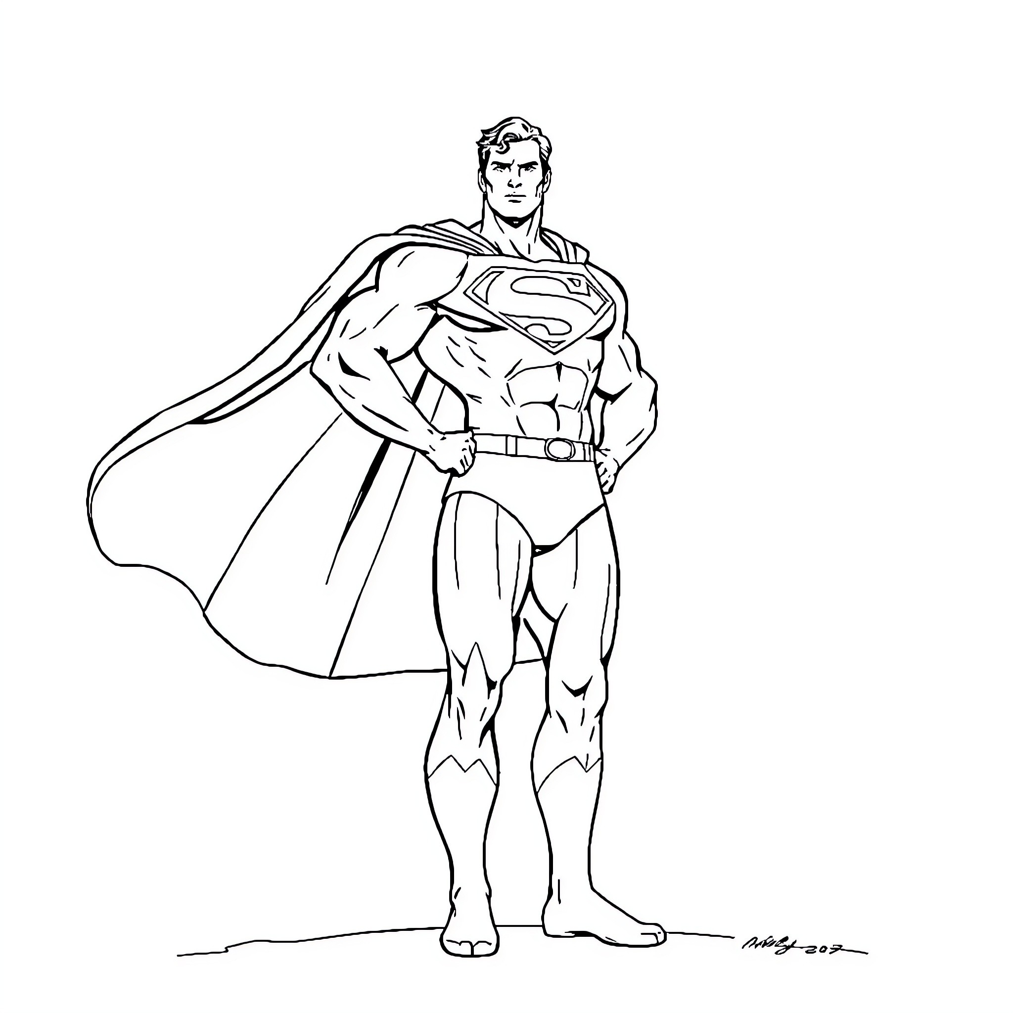 Superman heroically stands ready for action Coloring Page (free black-and-white line drawing printable PDF for all, from beginners to advanced learners, including children, teens, adults, and seniors)