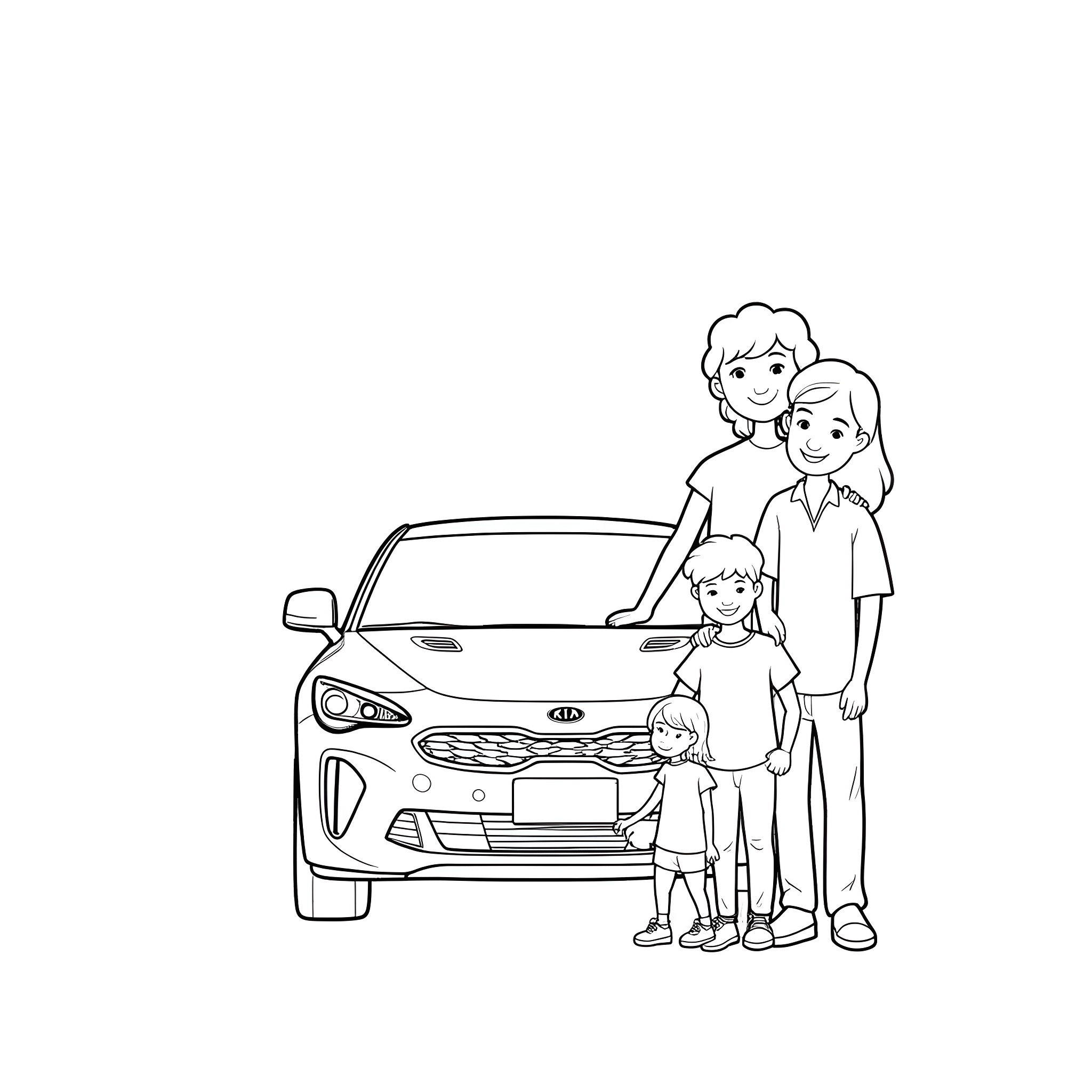 Bluey's Family Outing with their Car Coloring Page (free black-and-white line drawing printable PDF for all, from beginners to advanced learners, including children, teens, adults, and seniors)