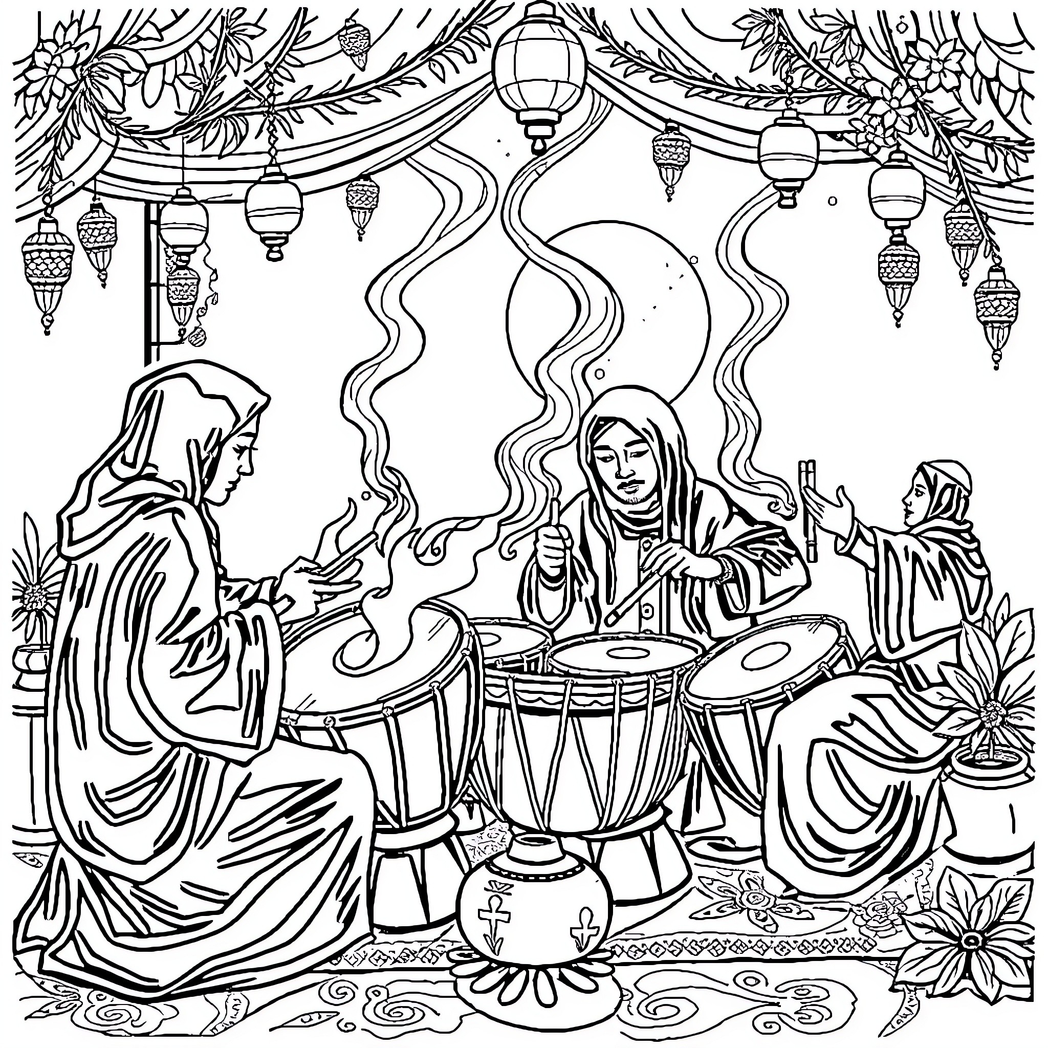 Tung Folk Musicians Performing in Festive Setting Coloring Page (free black-and-white line drawing printable PDF for all, from beginners to advanced learners, including children, teens, adults, and seniors)