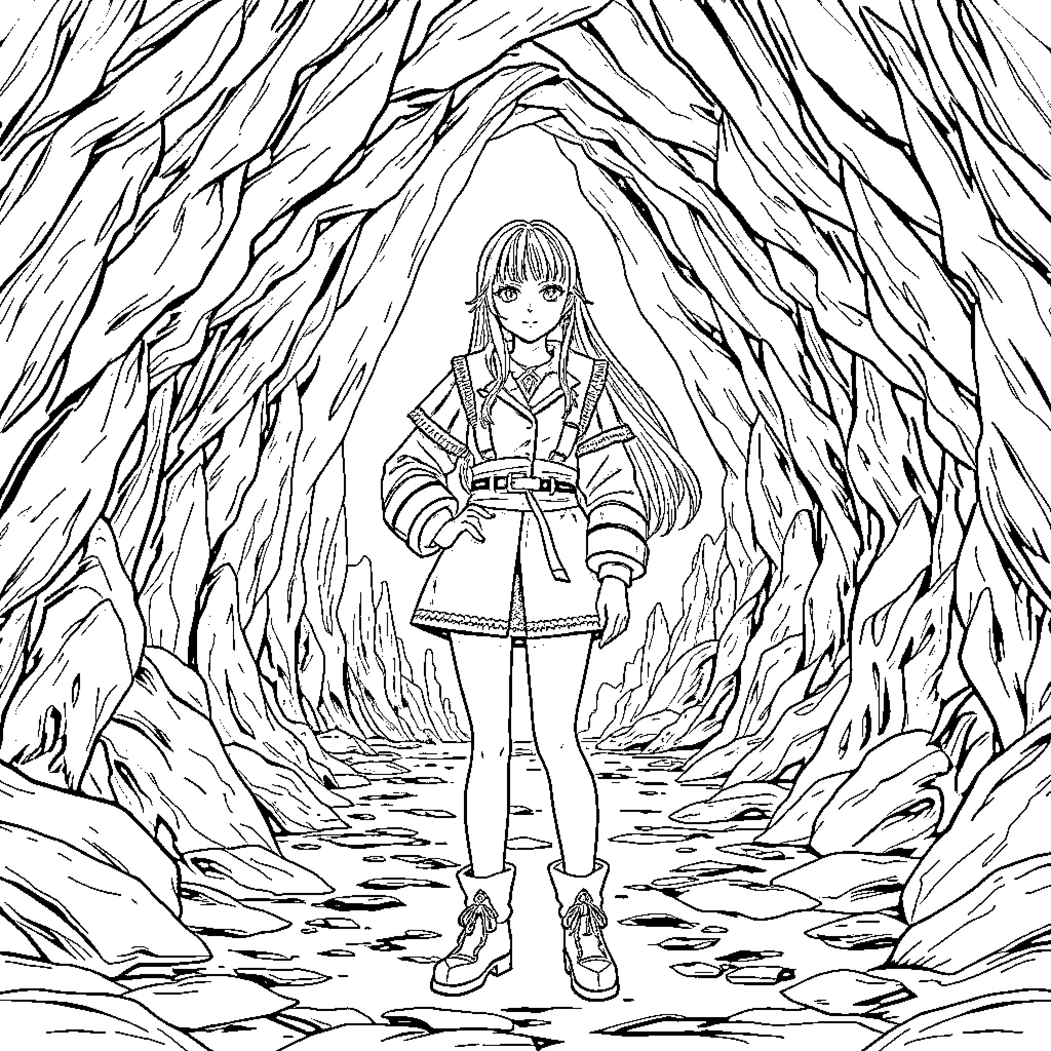 Rumi's Adventure in the Enchanted Forest Coloring Page (free black-and-white line drawing printable PDF for all, from beginners to advanced learners, including children, teens, adults, and seniors)