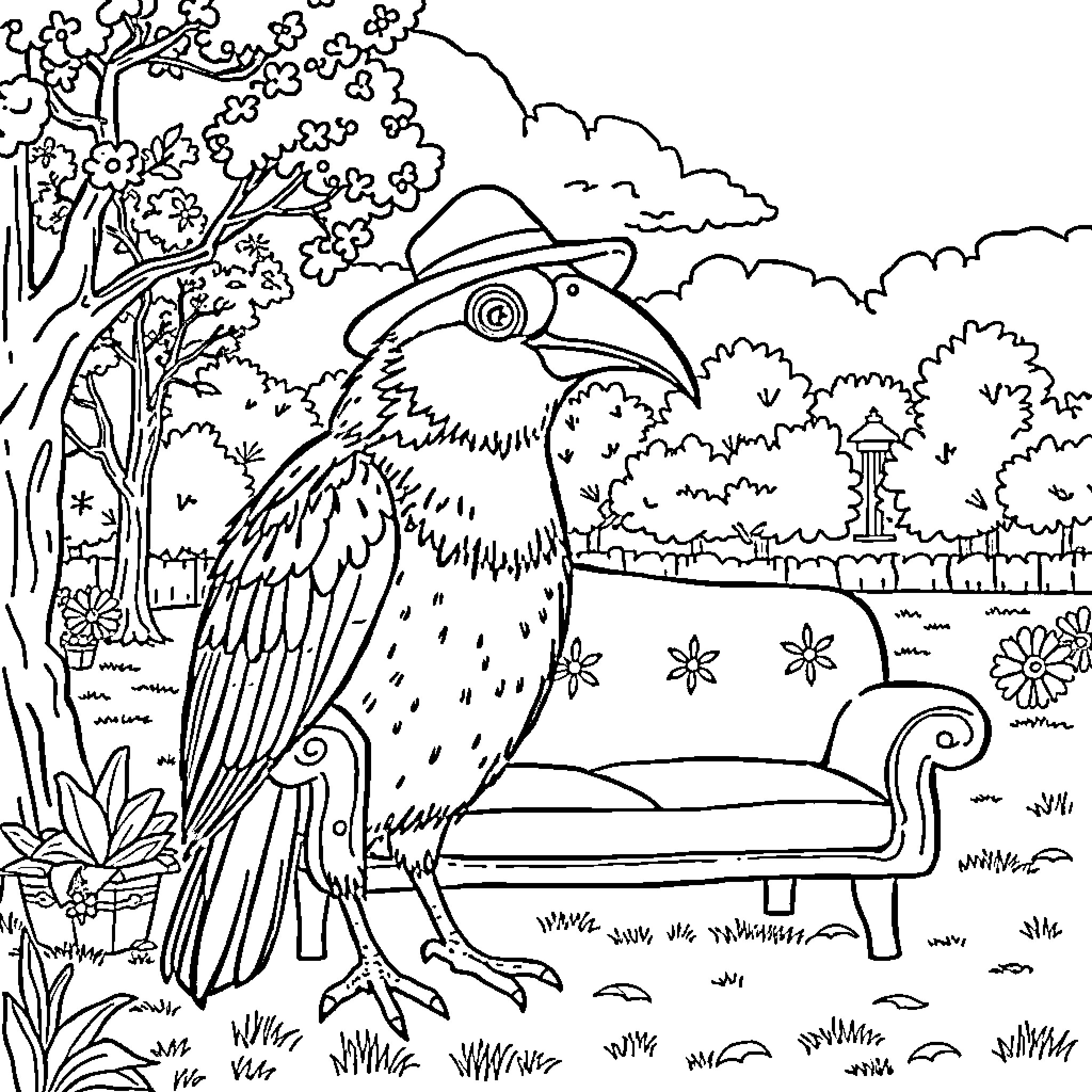 Bird enjoying nature's enchanting scenery Coloring Page (free black-and-white line drawing printable PDF for all, from beginners to advanced learners, including children, teens, adults, and seniors)