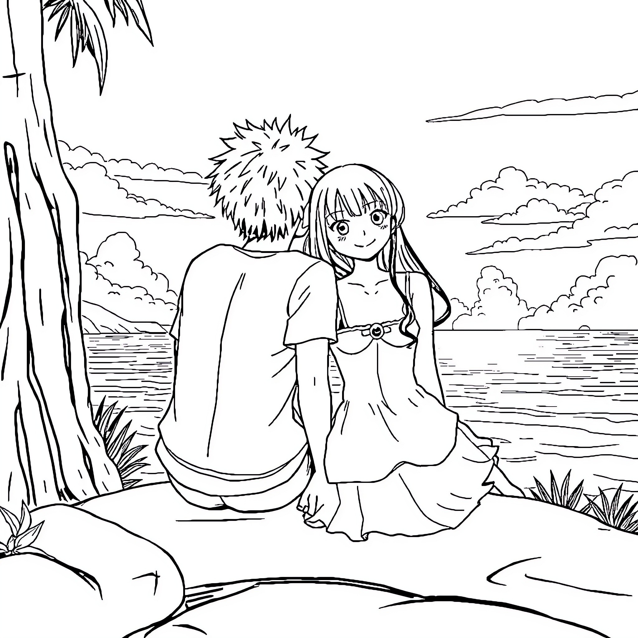 Luffy and companion enjoying seaside scenery Coloring Page (free black-and-white line drawing printable PDF for all, from beginners to advanced learners, including children, teens, adults, and seniors)