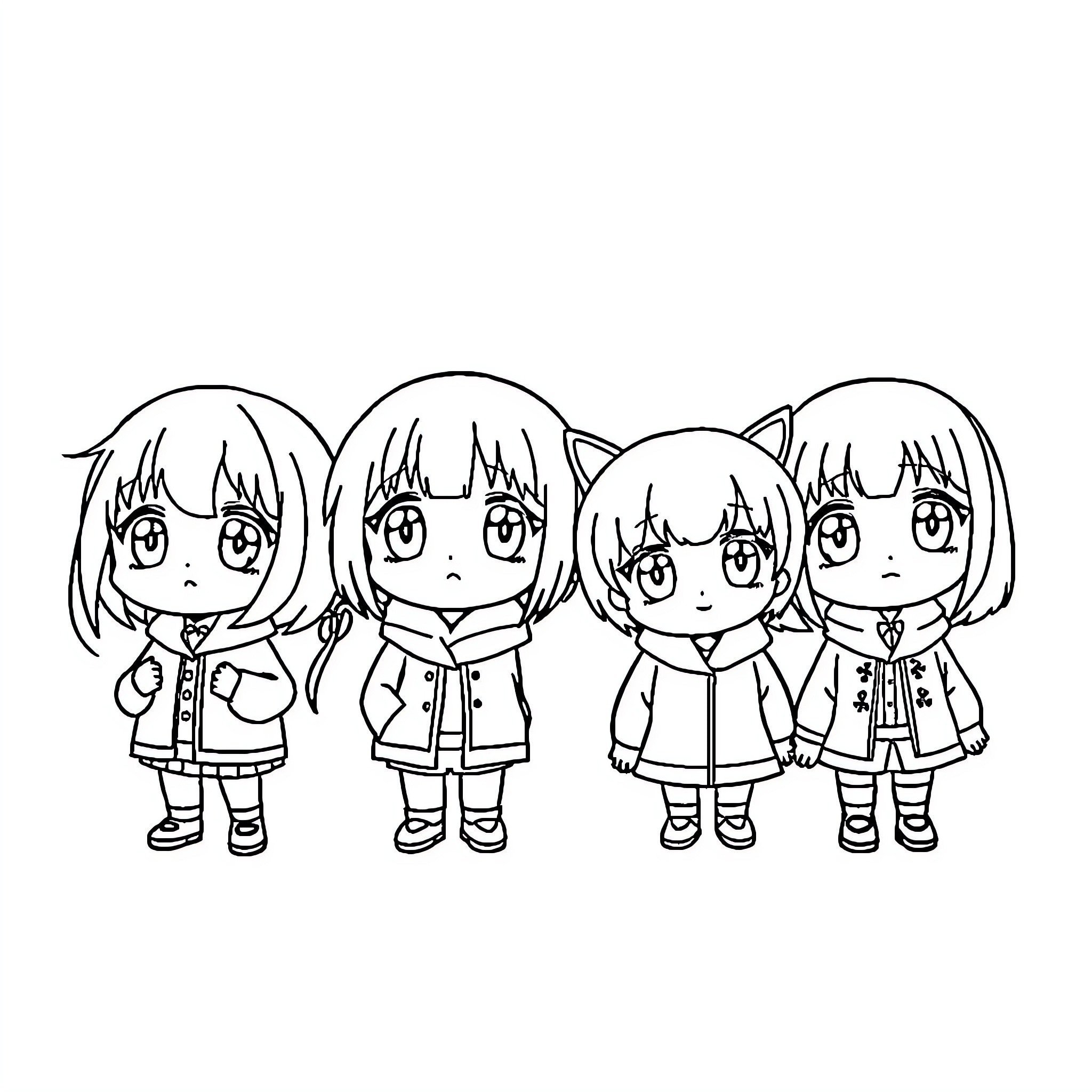Anime group of cute girls in winter outfits Coloring Page (free black-and-white line drawing printable PDF for all, from beginners to advanced learners, including children, teens, adults, and seniors)