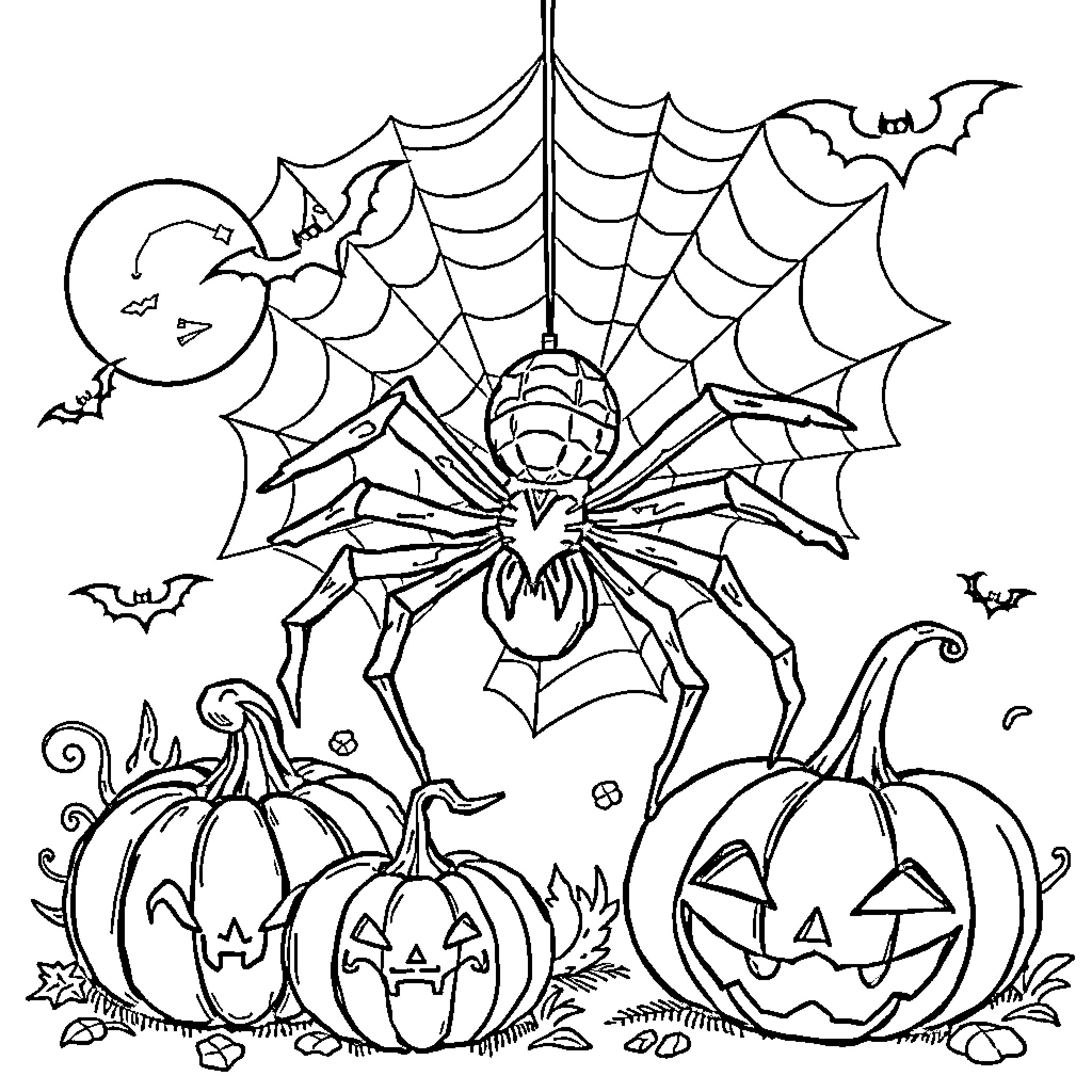 Spider's Halloween Celebration with Pumpkins and Bats Coloring Page (free black-and-white line drawing printable PDF for all, from beginners to advanced learners, including children, teens, adults, and seniors)