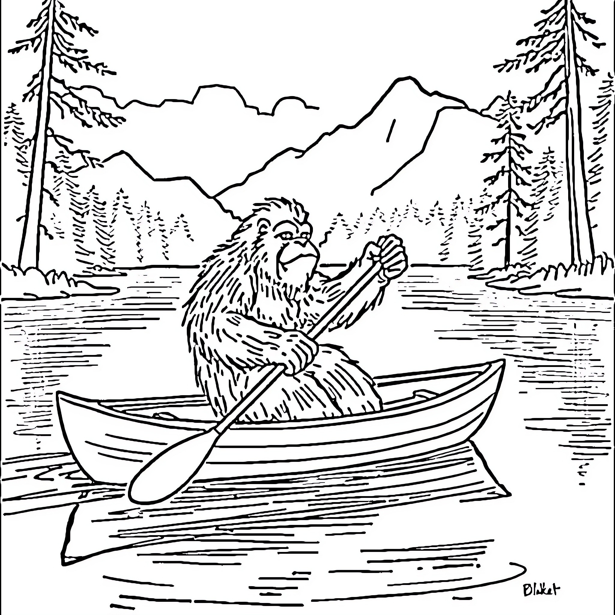 Big Foot exploring wilderness in a boat Coloring Page (free black-and-white line drawing printable PDF for all, from beginners to advanced learners, including children, teens, adults, and seniors)