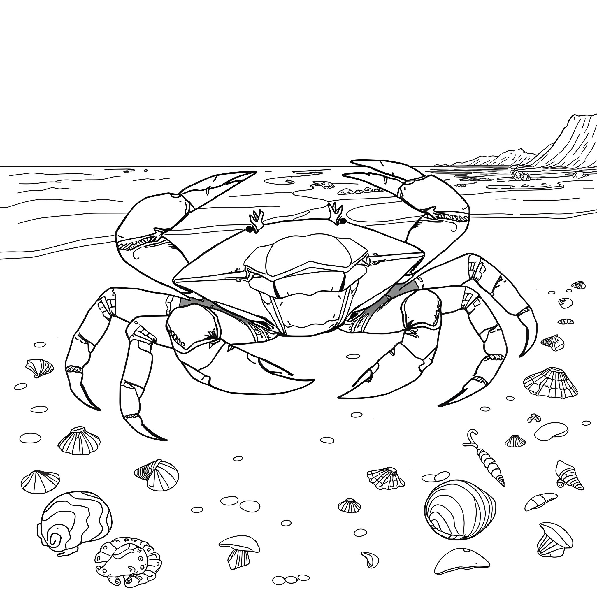 King Crab walking on the ocean floor Coloring Page (free black-and-white line drawing printable PDF for all, from beginners to advanced learners, including children, teens, adults, and seniors)