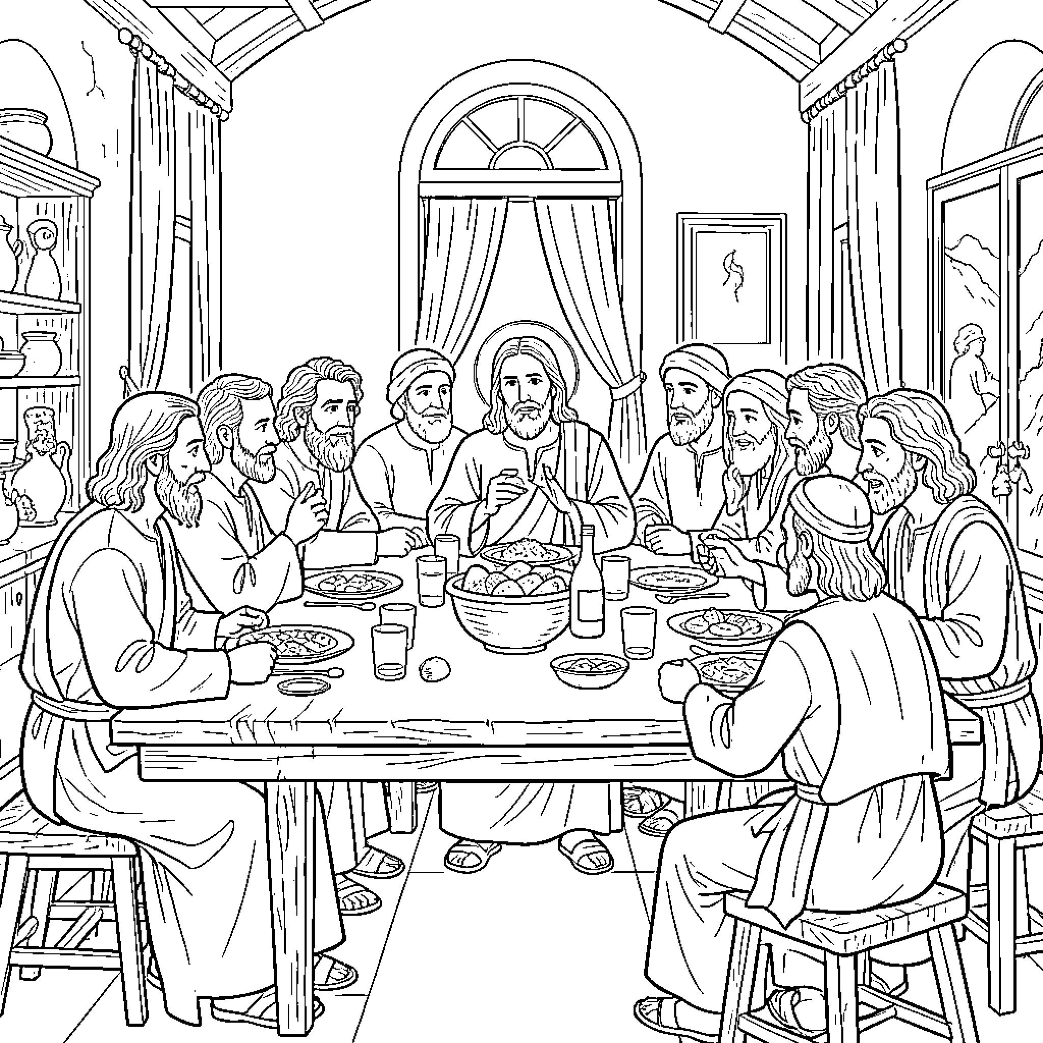 Jesus sharing a meal with his disciples at a table Coloring Page (free black-and-white line drawing printable PDF for all, from beginners to advanced learners, including children, teens, adults, and seniors)