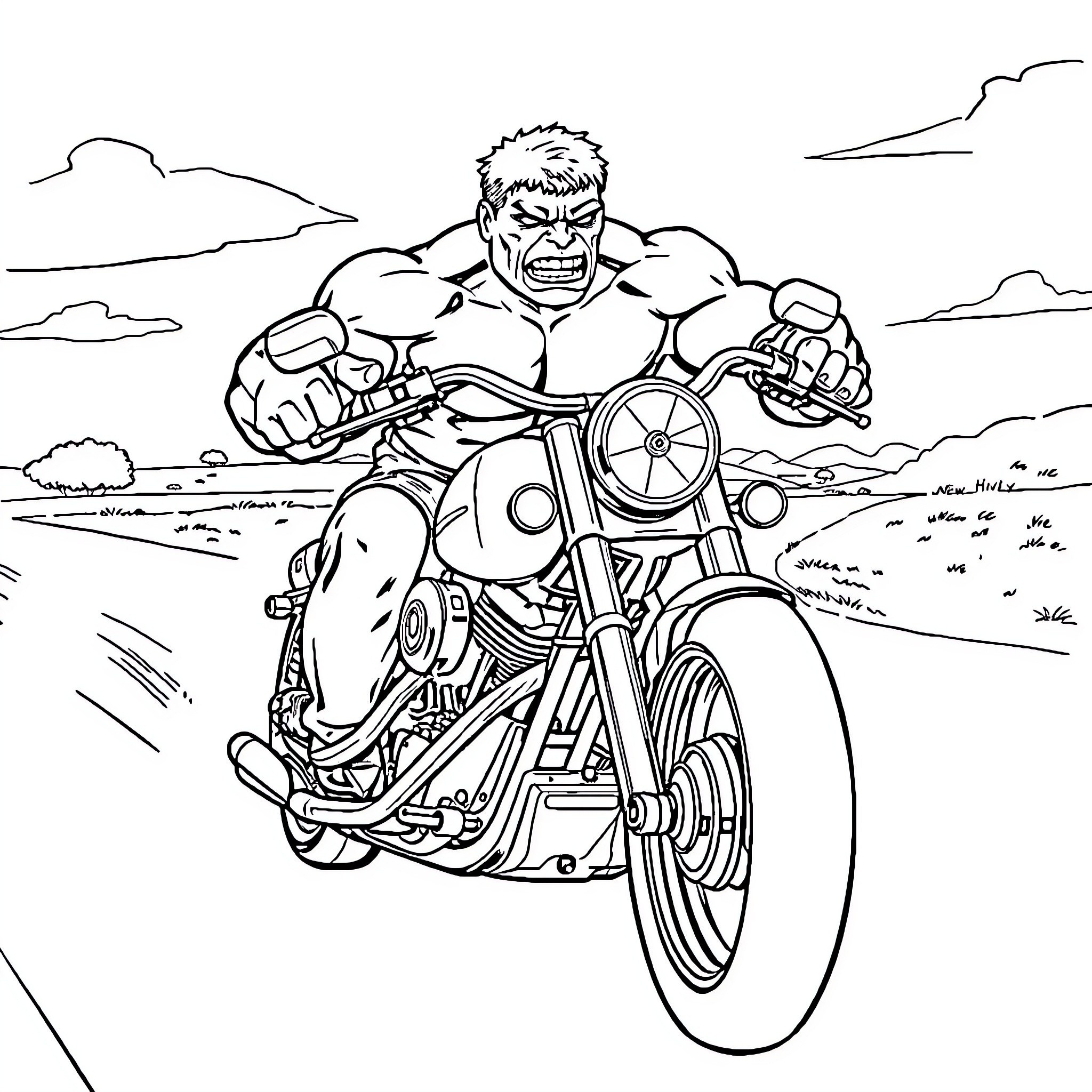 Hulk Riding a Powerful Motorcycle in an Open Landscape Coloring Page (free black-and-white line drawing printable PDF for all, from beginners to advanced learners, including children, teens, adults, and seniors)