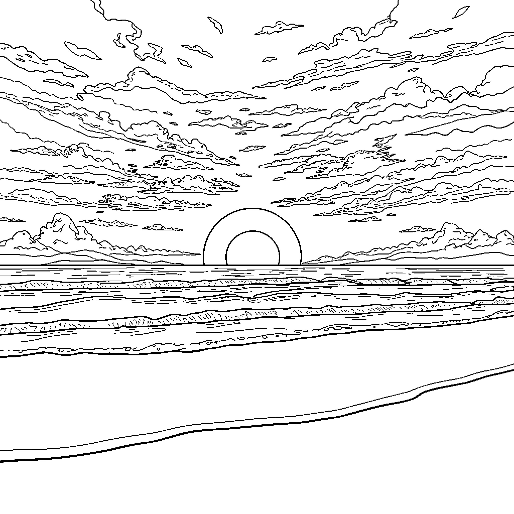 Sunset over the tranquil ocean Coloring Page (free black-and-white line drawing printable PDF for all, from beginners to advanced learners, including children, teens, adults, and seniors)