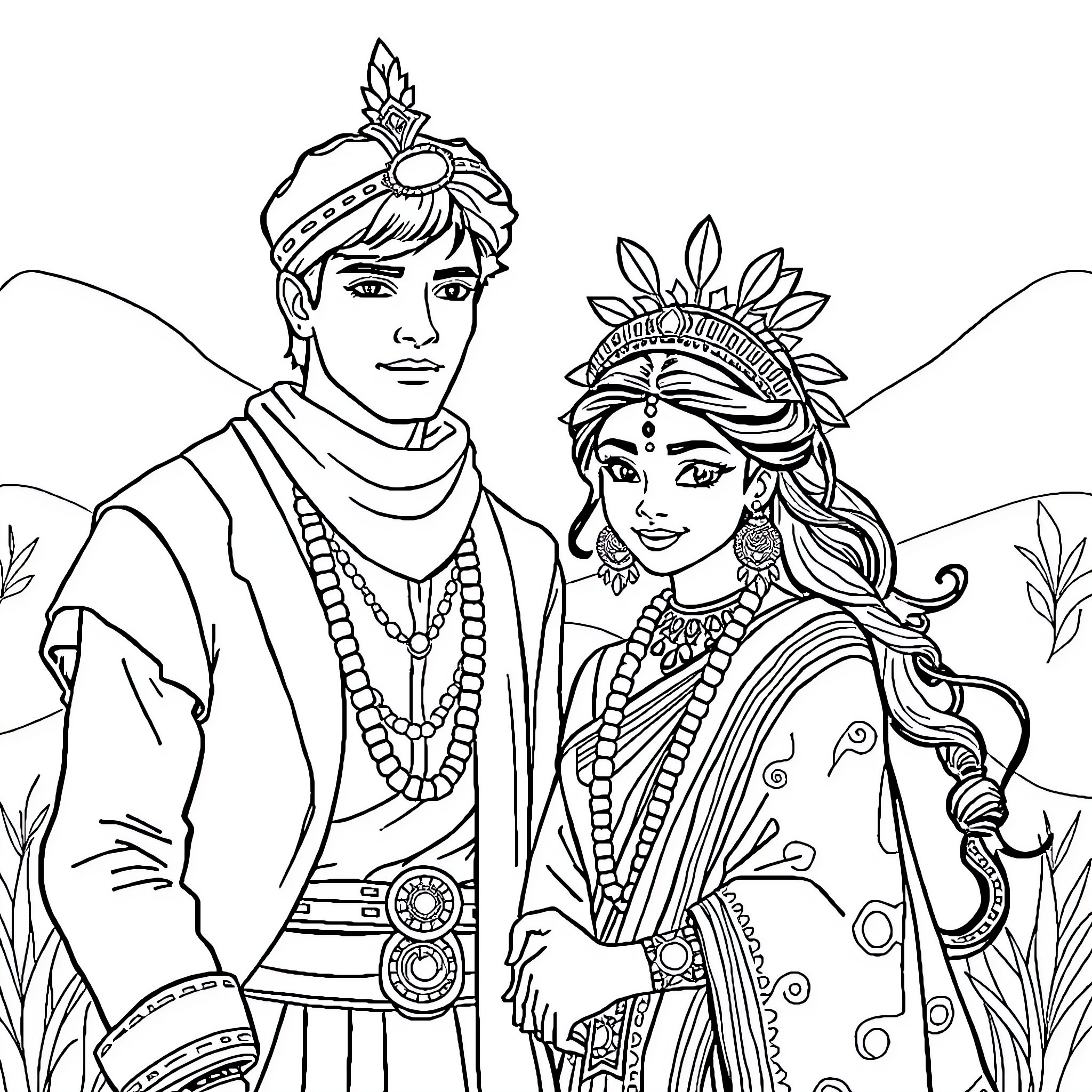 Prince and Princess in Regal Attire Coloring Page (free black-and-white line drawing printable PDF for all, from beginners to advanced learners, including children, teens, adults, and seniors)