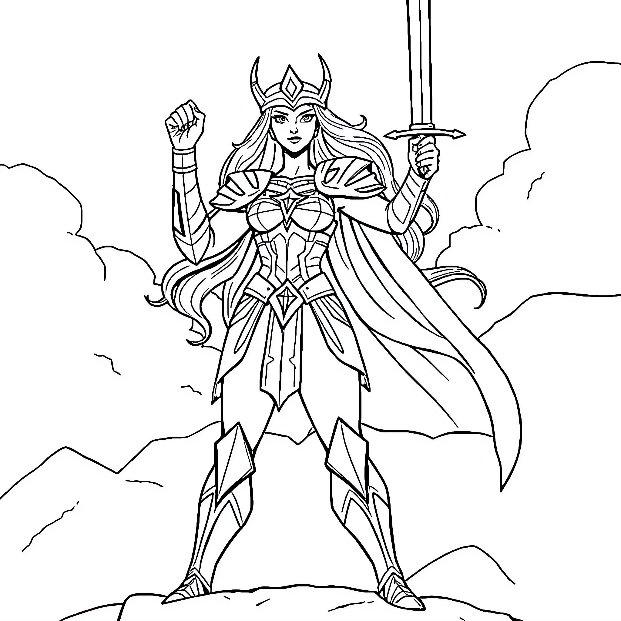She-Ra, the Powerful Warrior Princess in Action Coloring Page (free black-and-white line drawing printable PDF for all, from beginners to advanced learners, including children, teens, adults, and seniors)
