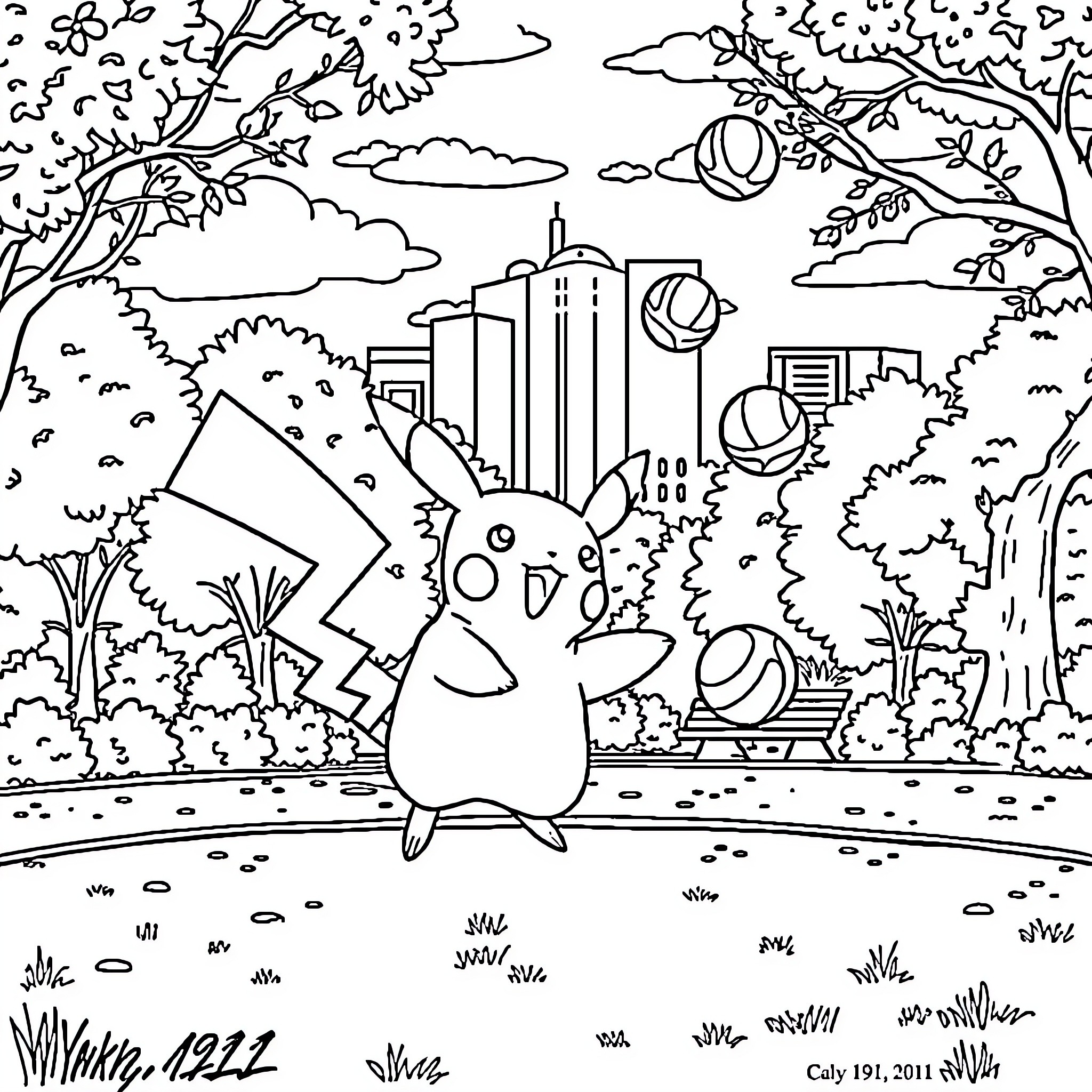 Pikachu exploring the city landscape Coloring Page (free black-and-white line drawing printable PDF for all, from beginners to advanced learners, including children, teens, adults, and seniors)