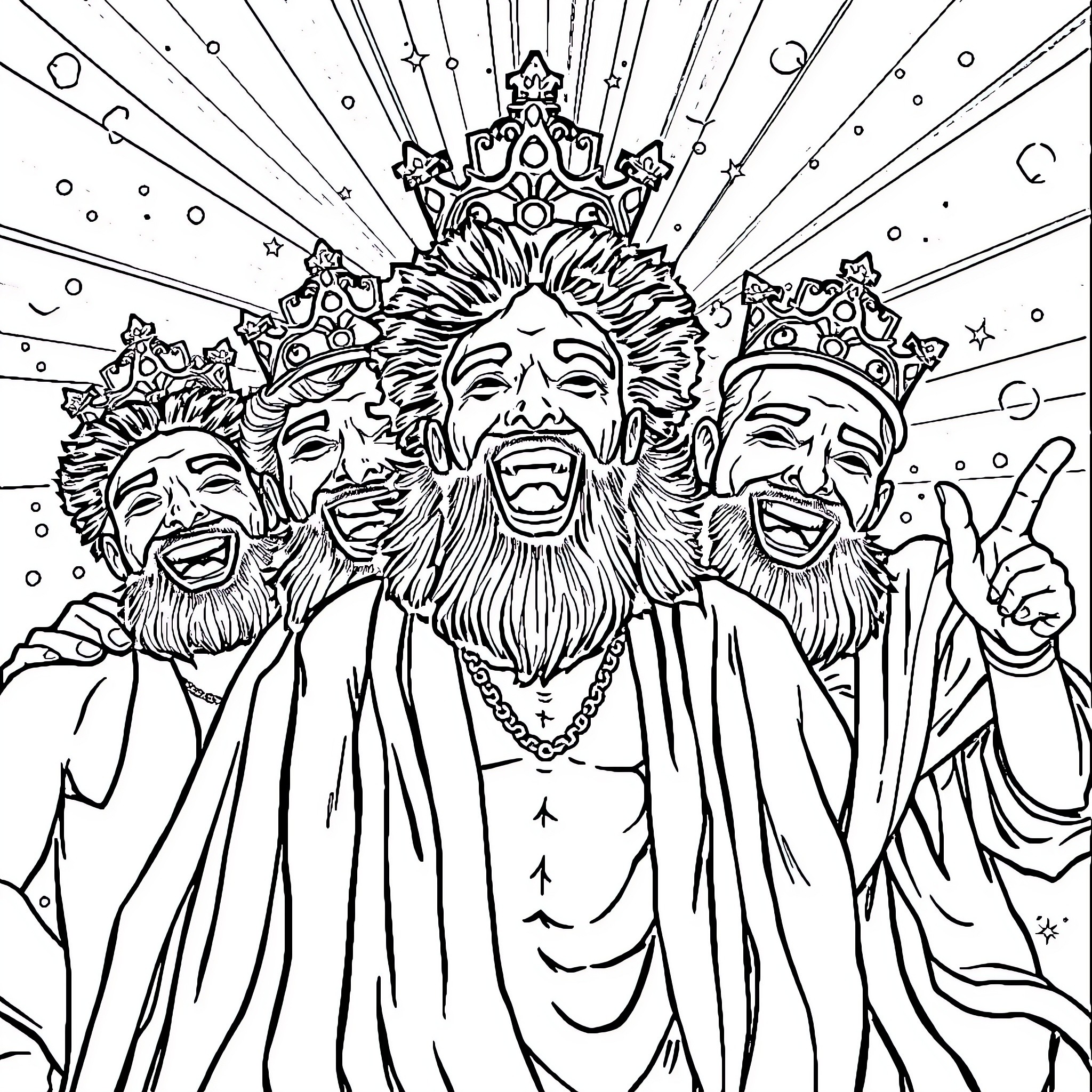 King and His Joyful Followers in Celebration Coloring Page (free black-and-white line drawing printable PDF for all, from beginners to advanced learners, including children, teens, adults, and seniors)