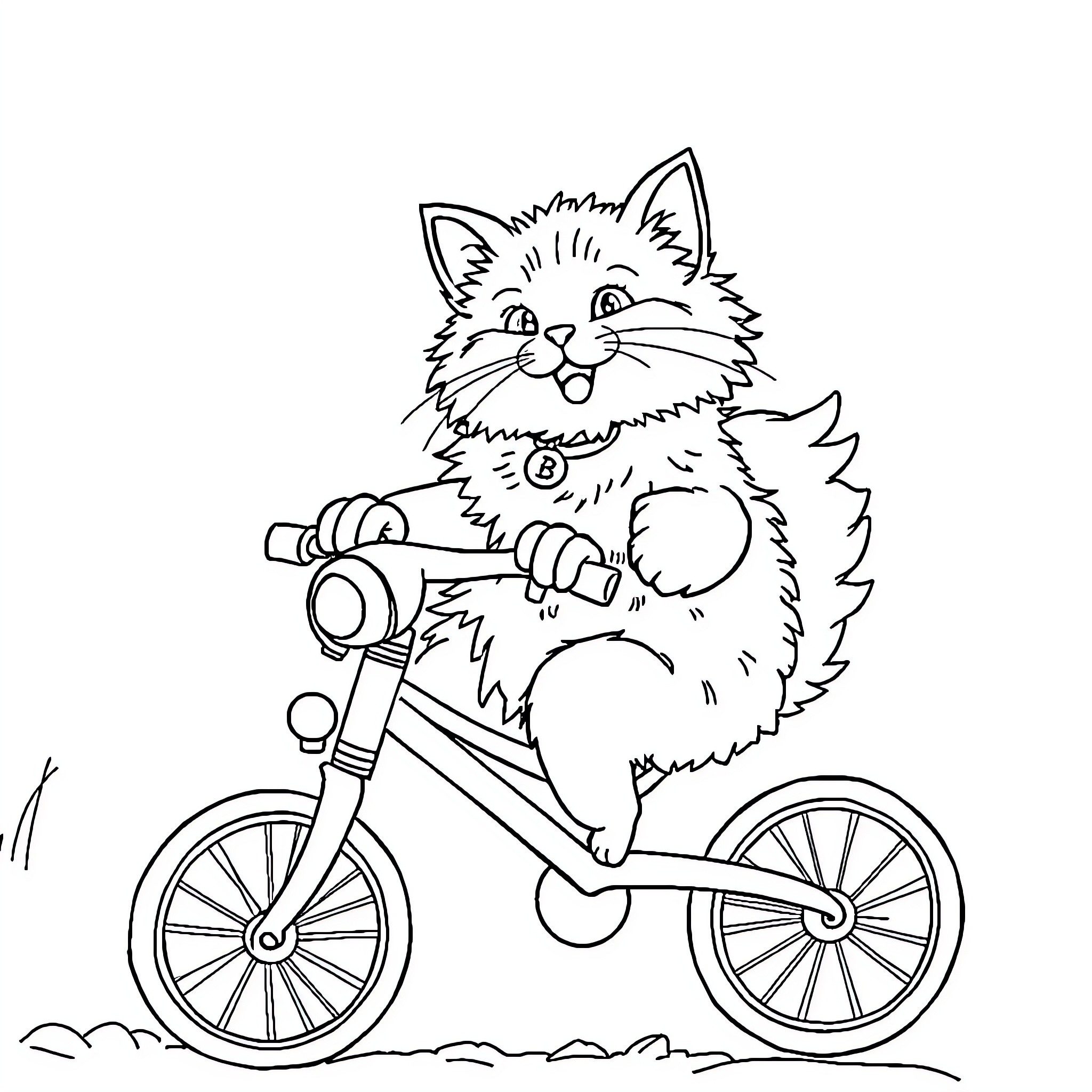 Cat riding a bicycle Coloring Page (free black-and-white line drawing printable PDF for all, from beginners to advanced learners, including children, teens, adults, and seniors)