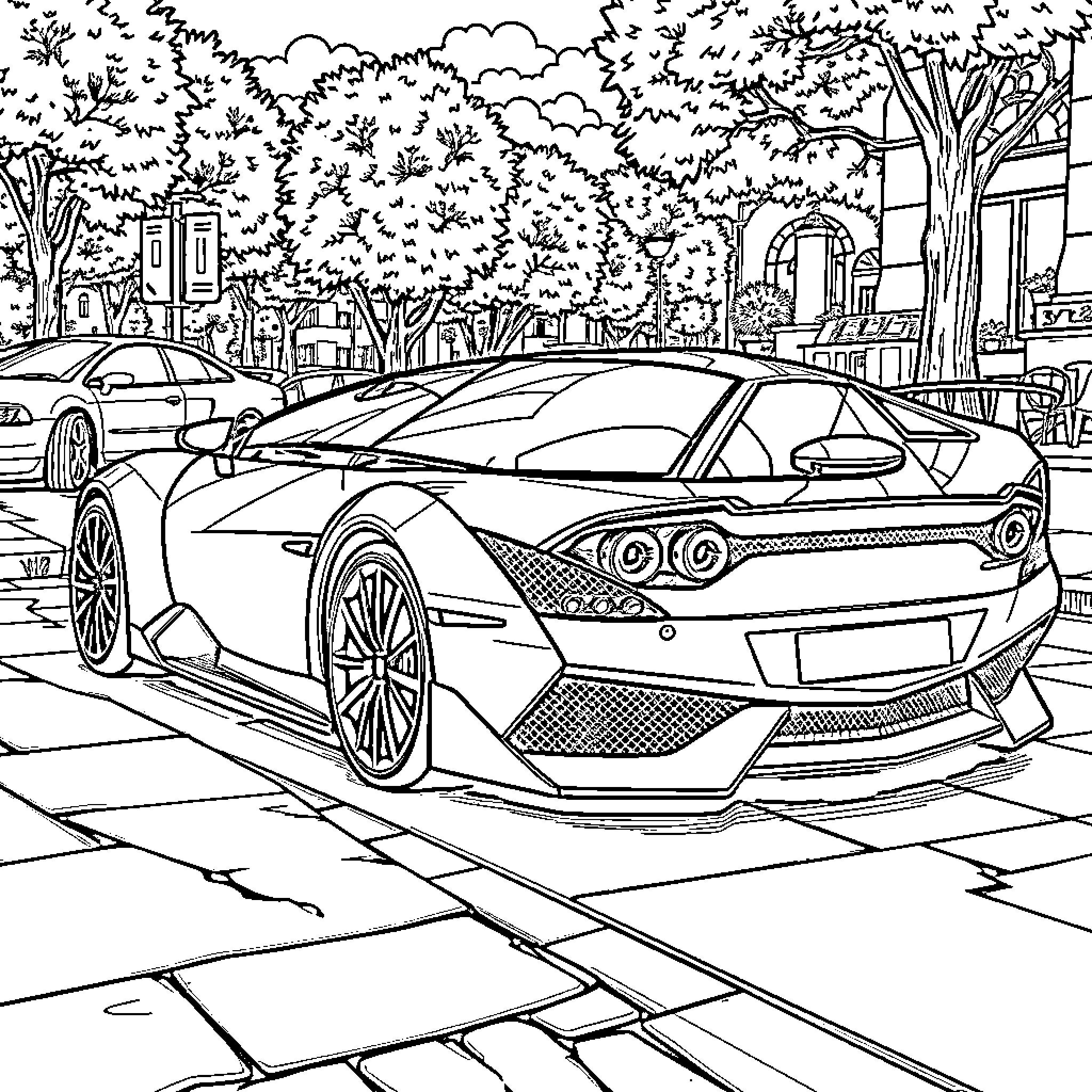 Lamborghini sports car in urban cityscape Coloring Page (free black-and-white line drawing printable PDF for all, from beginners to advanced learners, including children, teens, adults, and seniors)