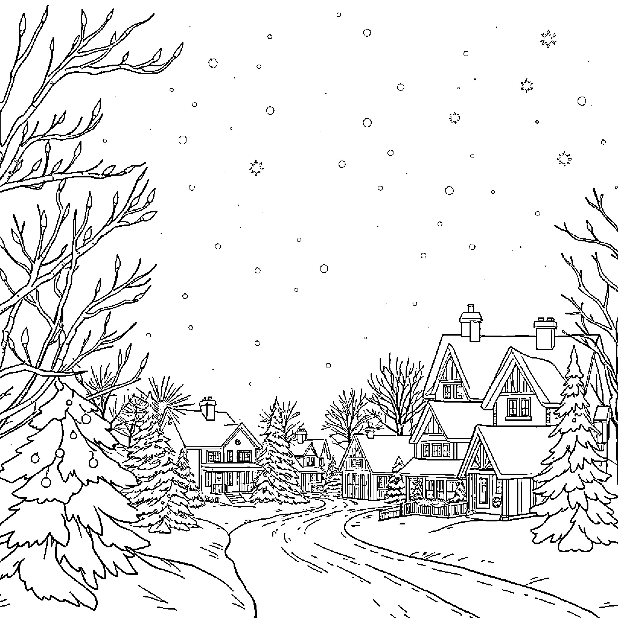 Christmas in a Snowy Winter Wonderland Coloring Page (free black-and-white line drawing printable PDF for all, from beginners to advanced learners, including children, teens, adults, and seniors)