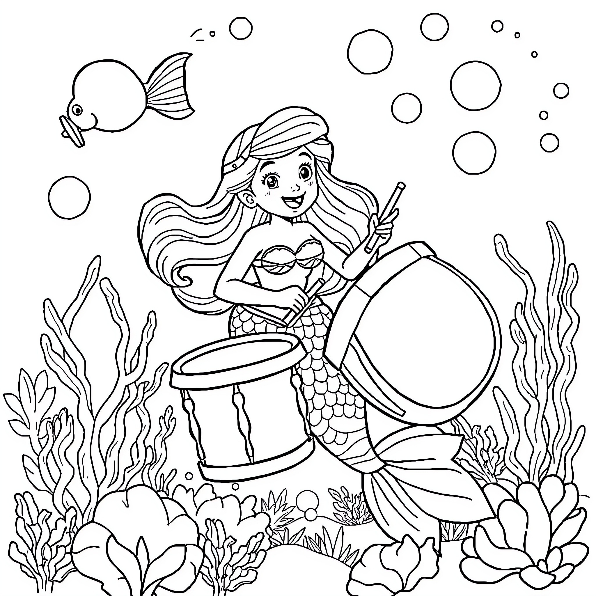 Mermaid playing a drum in the underwater world Coloring Page (free black-and-white line drawing printable PDF for all, from beginners to advanced learners, including children, teens, adults, and seniors)