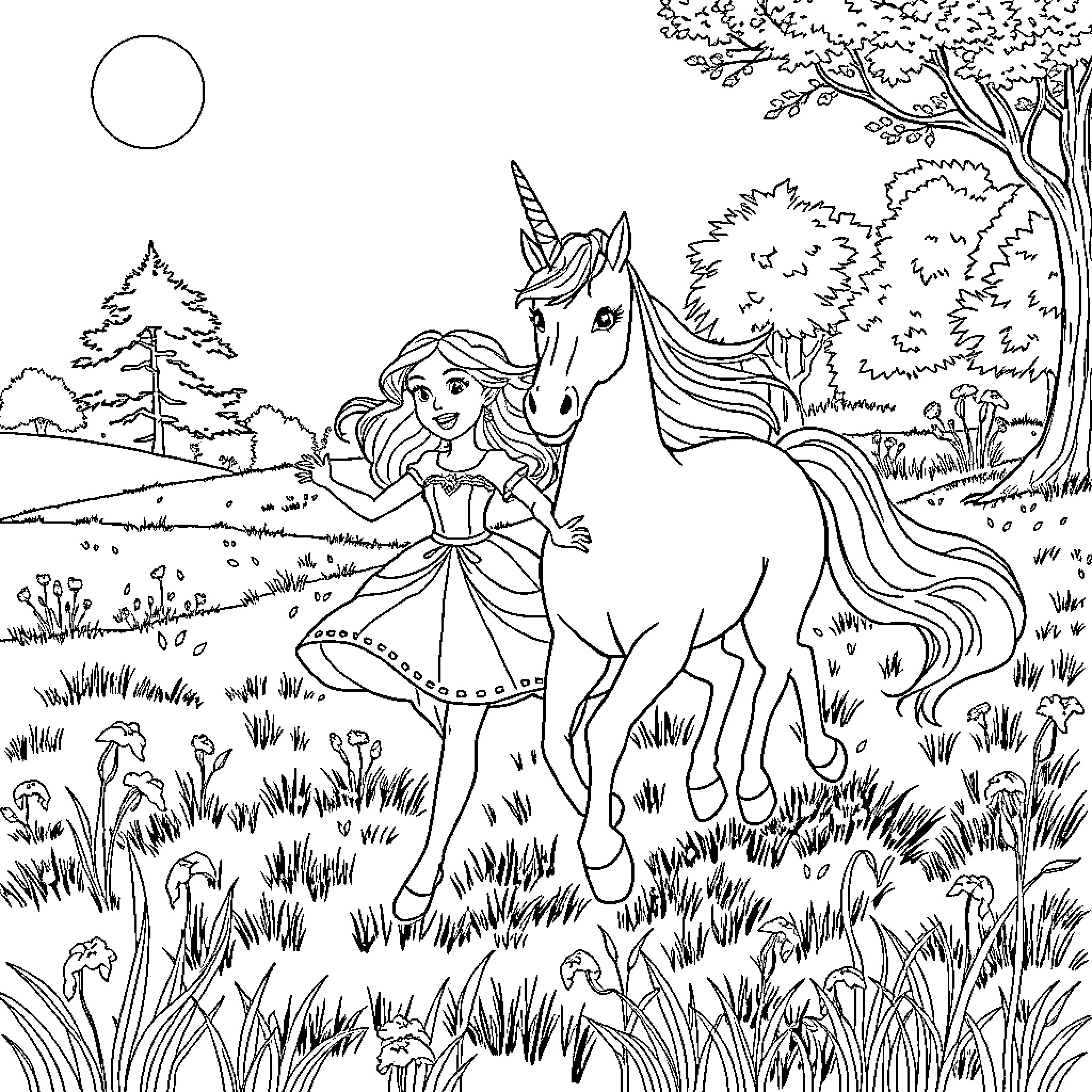 Princess and her Unicorn in a Magical Forest Coloring Page (free black-and-white line drawing printable PDF for all, from beginners to advanced learners, including children, teens, adults, and seniors)