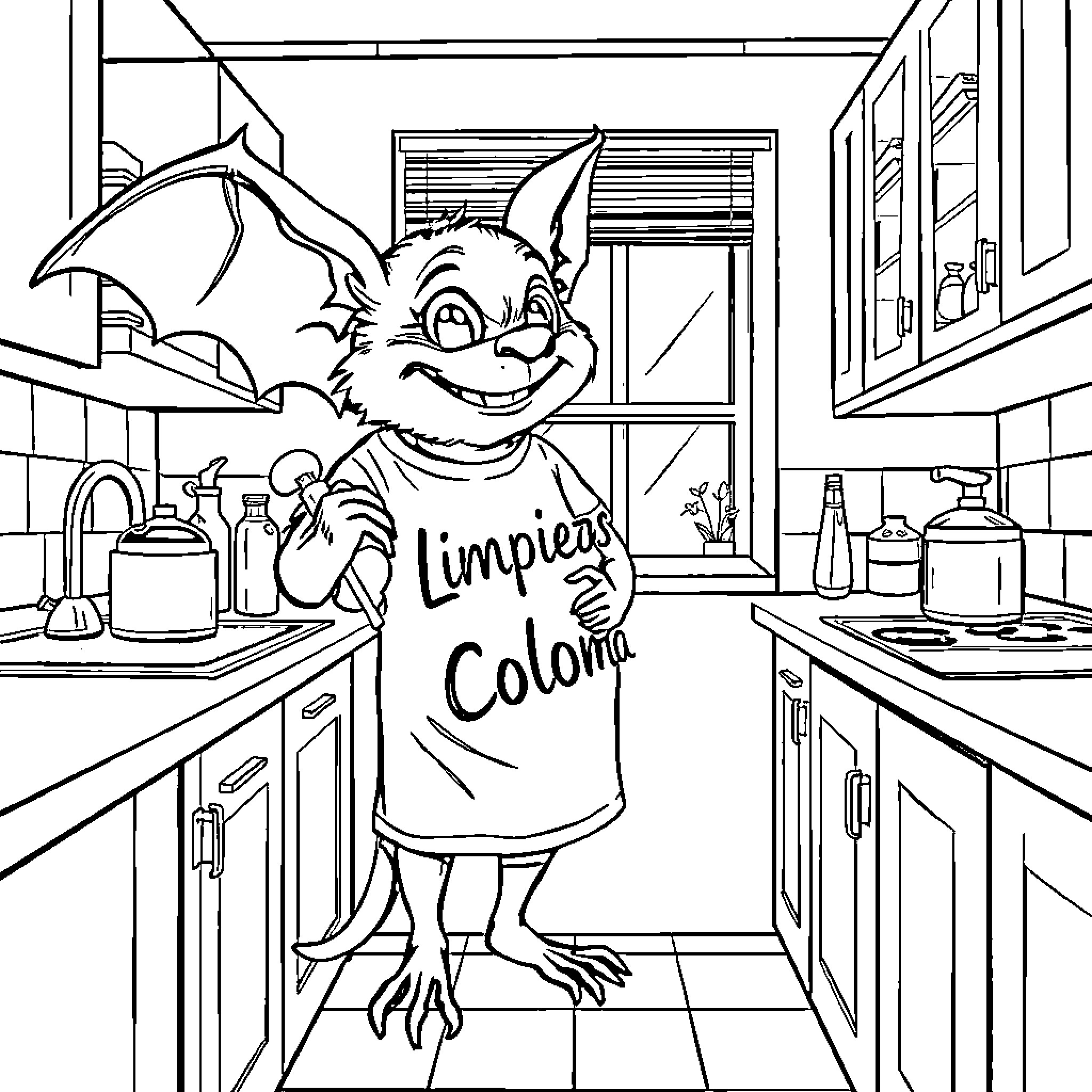 Bat cleaning the kitchen with a smile Coloring Page (free black-and-white line drawing printable PDF for all, from beginners to advanced learners, including children, teens, adults, and seniors)