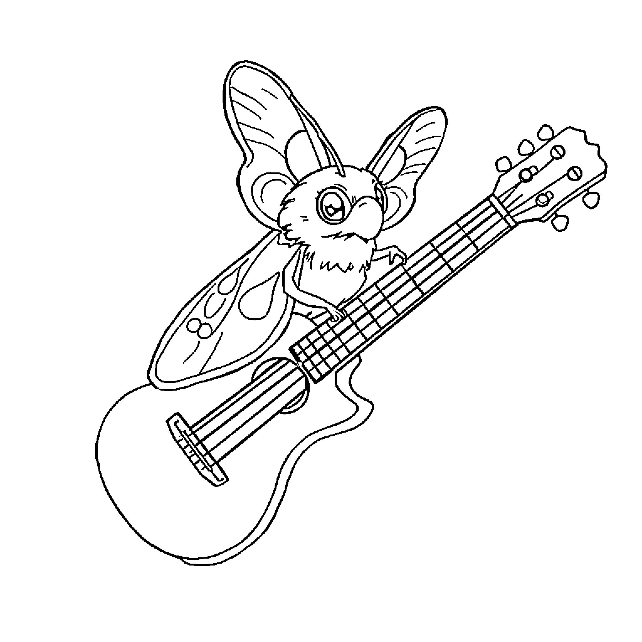 Moth playing an electric guitar Coloring Page (free black-and-white line drawing printable PDF for all, from beginners to advanced learners, including children, teens, adults, and seniors)
