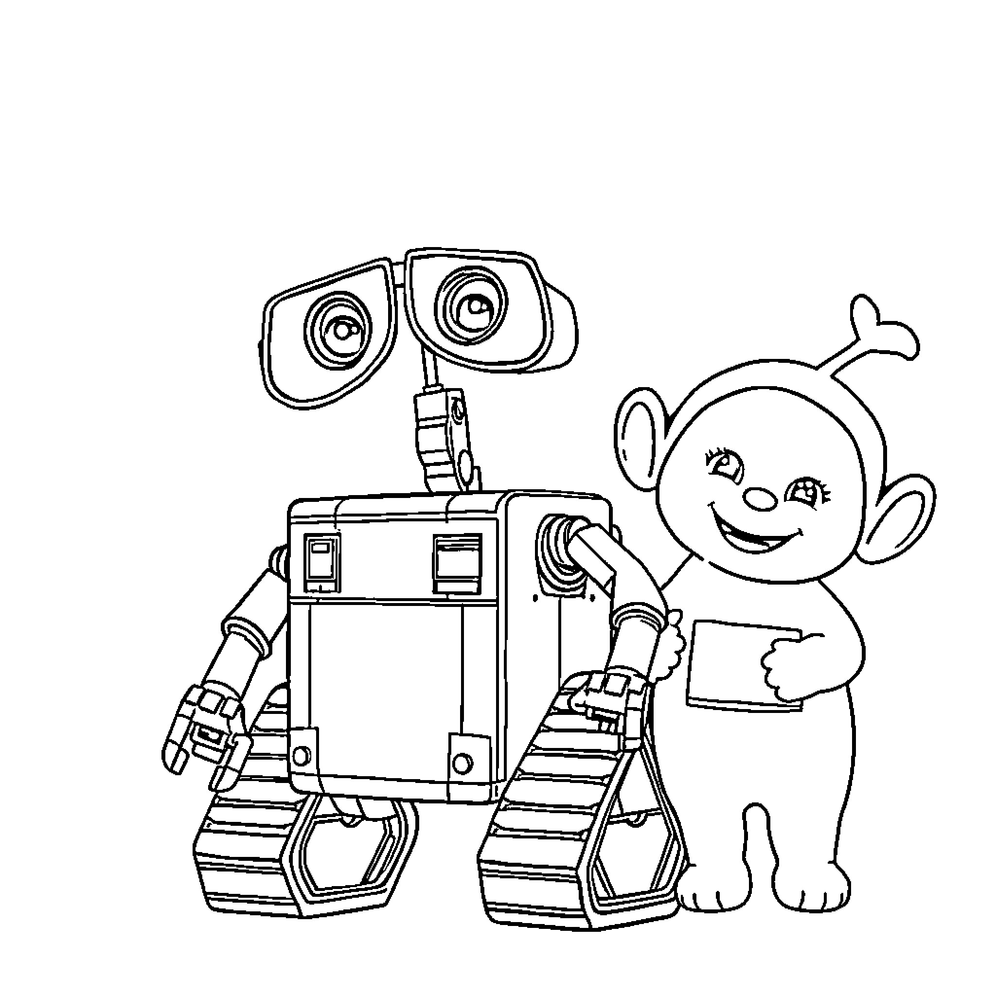 Wall-E and friendly robot assistant playing together Coloring Page (free black-and-white line drawing printable PDF for all, from beginners to advanced learners, including children, teens, adults, and seniors)