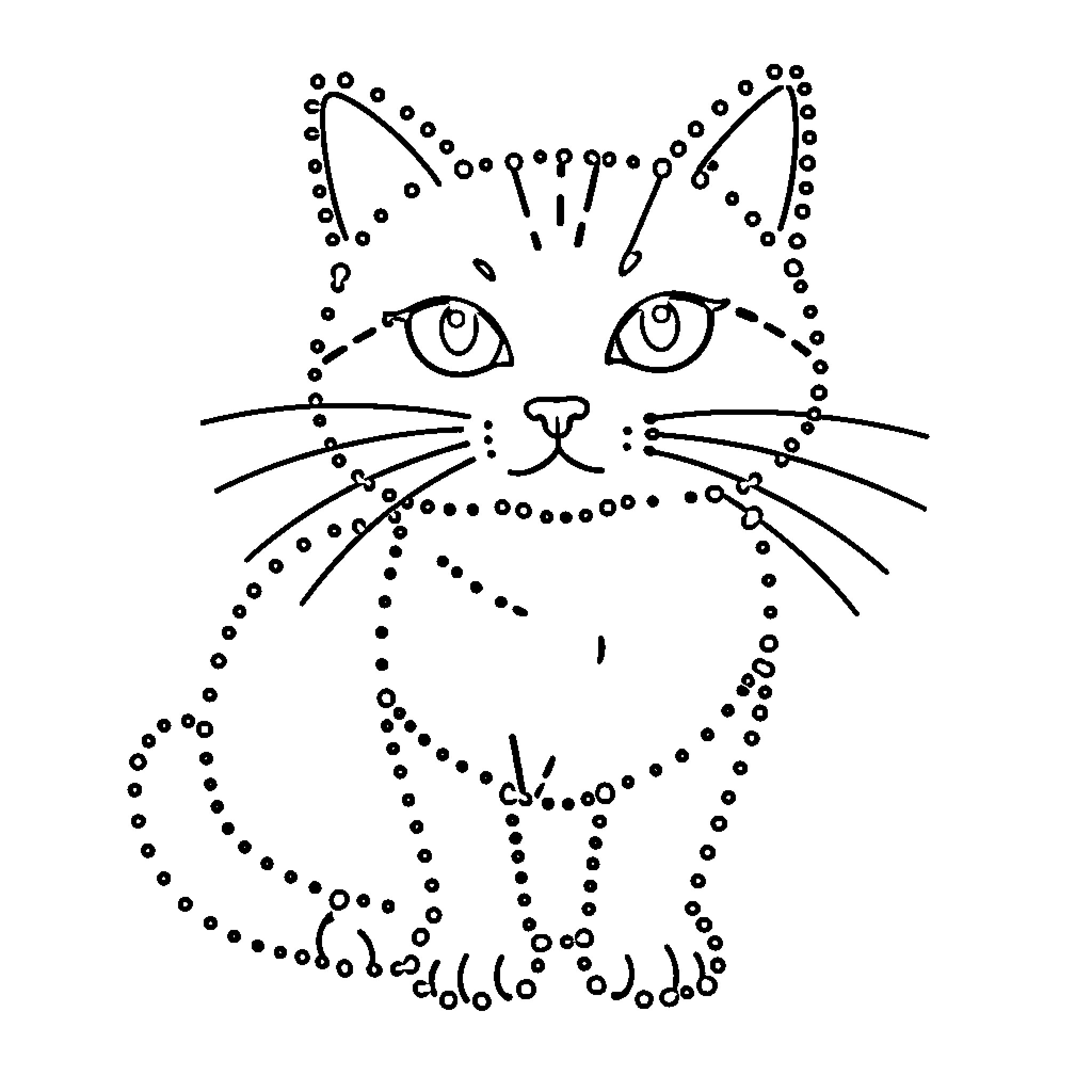 Cat face created with dotted lines Coloring Page (free black-and-white line drawing printable PDF for all, from beginners to advanced learners, including children, teens, adults, and seniors)