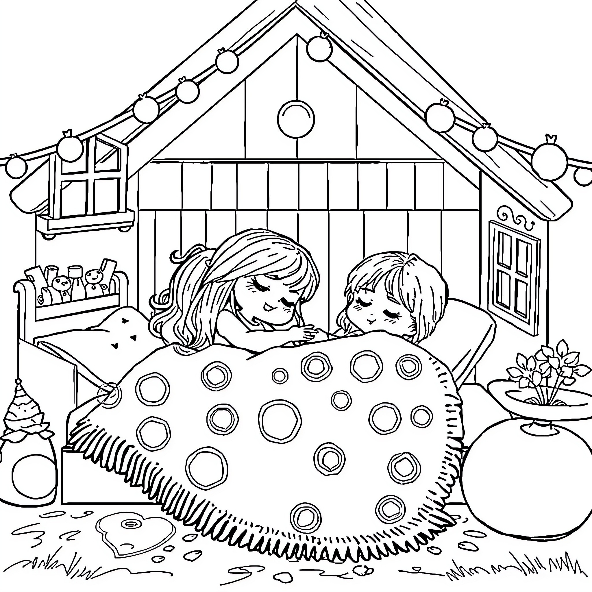 Gabby's Dollhouse - Children Playing Pretend in a Cozy Home Coloring Page (free black-and-white line drawing printable PDF for all, from beginners to advanced learners, including children, teens, adults, and seniors)