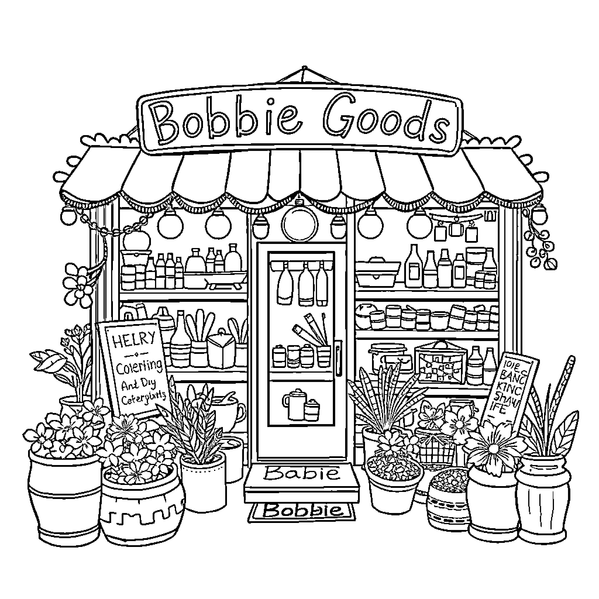 Bobbie Goods - Charming Small Store with Various Goods and Plants Coloring Page (free black-and-white line drawing printable PDF for all, from beginners to advanced learners, including children, teens, adults, and seniors)