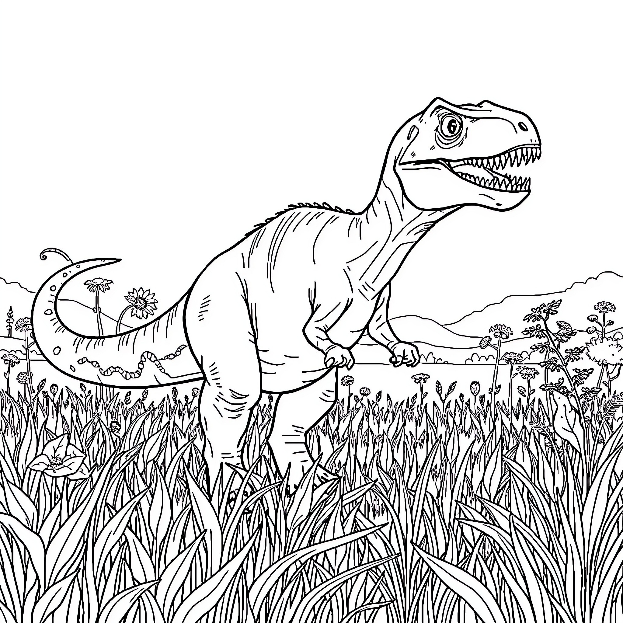Dinosaur exploring the prehistoric landscape Coloring Page (free black-and-white line drawing printable PDF for all, from beginners to advanced learners, including children, teens, adults, and seniors)