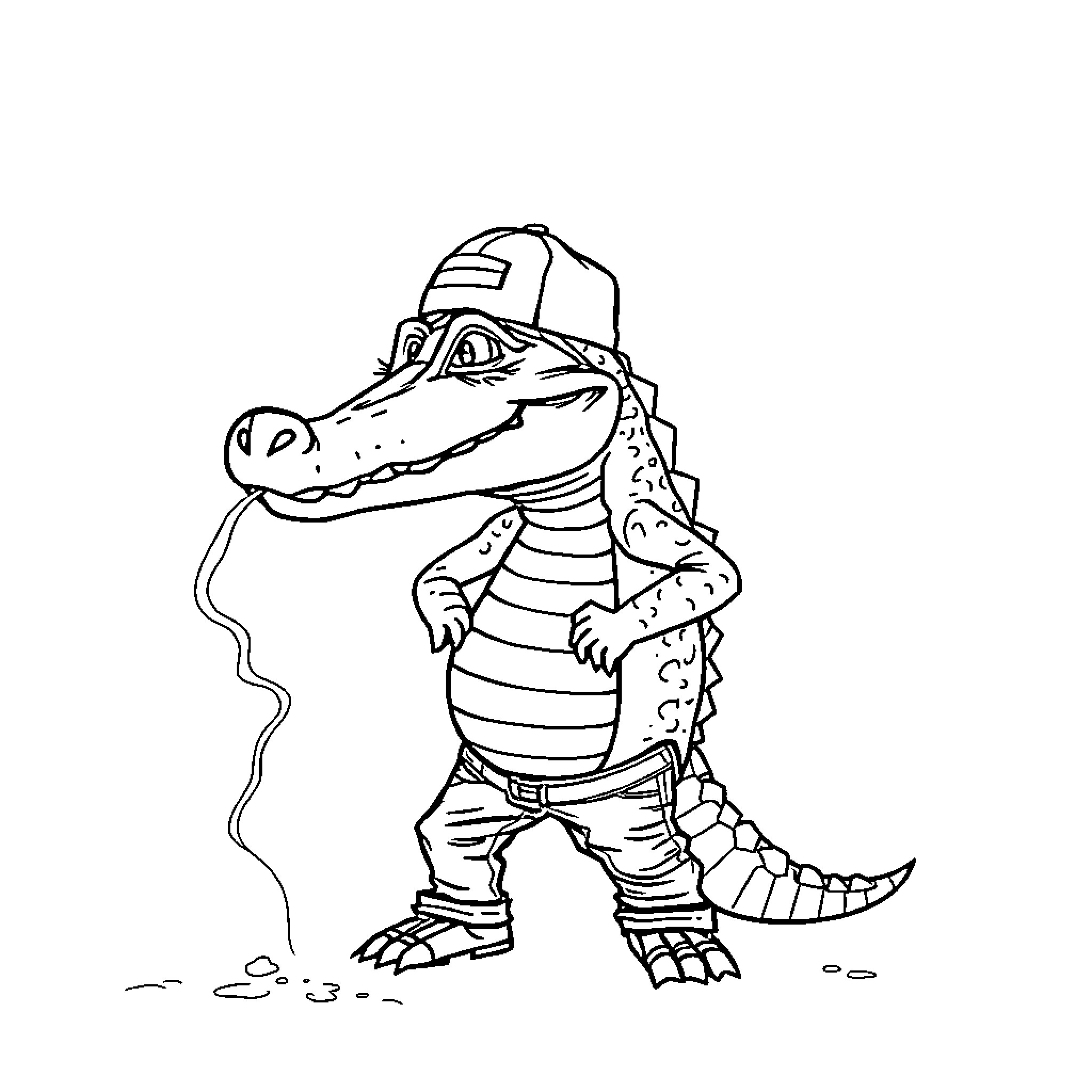 Alligator Wearing Baseball Cap and Overalls Coloring Page (free black-and-white line drawing printable PDF for all, from beginners to advanced learners, including children, teens, adults, and seniors)