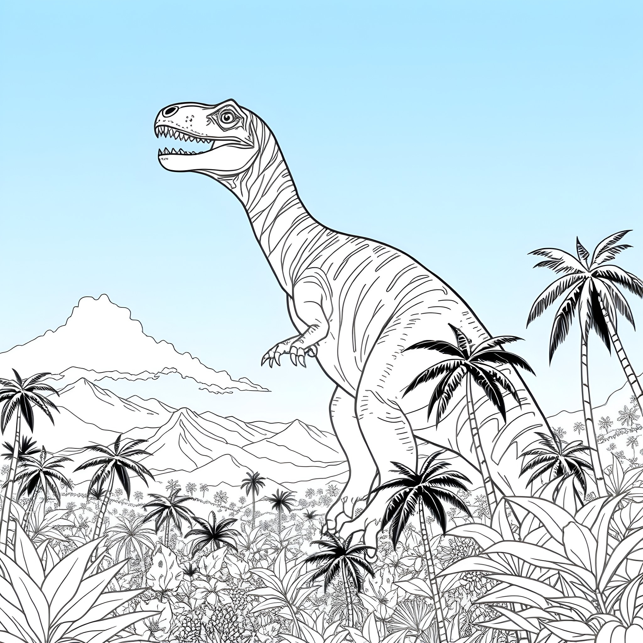 Dinosaur roaming through lush prehistoric landscape Coloring Page (free black-and-white line drawing printable PDF for all, from beginners to advanced learners, including children, teens, adults, and seniors)