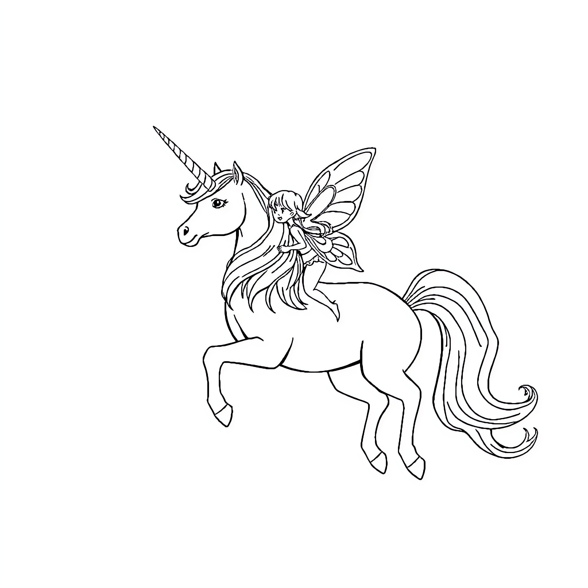Unicorn fairy riding gracefully on horseback Coloring Page (free black-and-white line drawing printable PDF for all, from beginners to advanced learners, including children, teens, adults, and seniors)