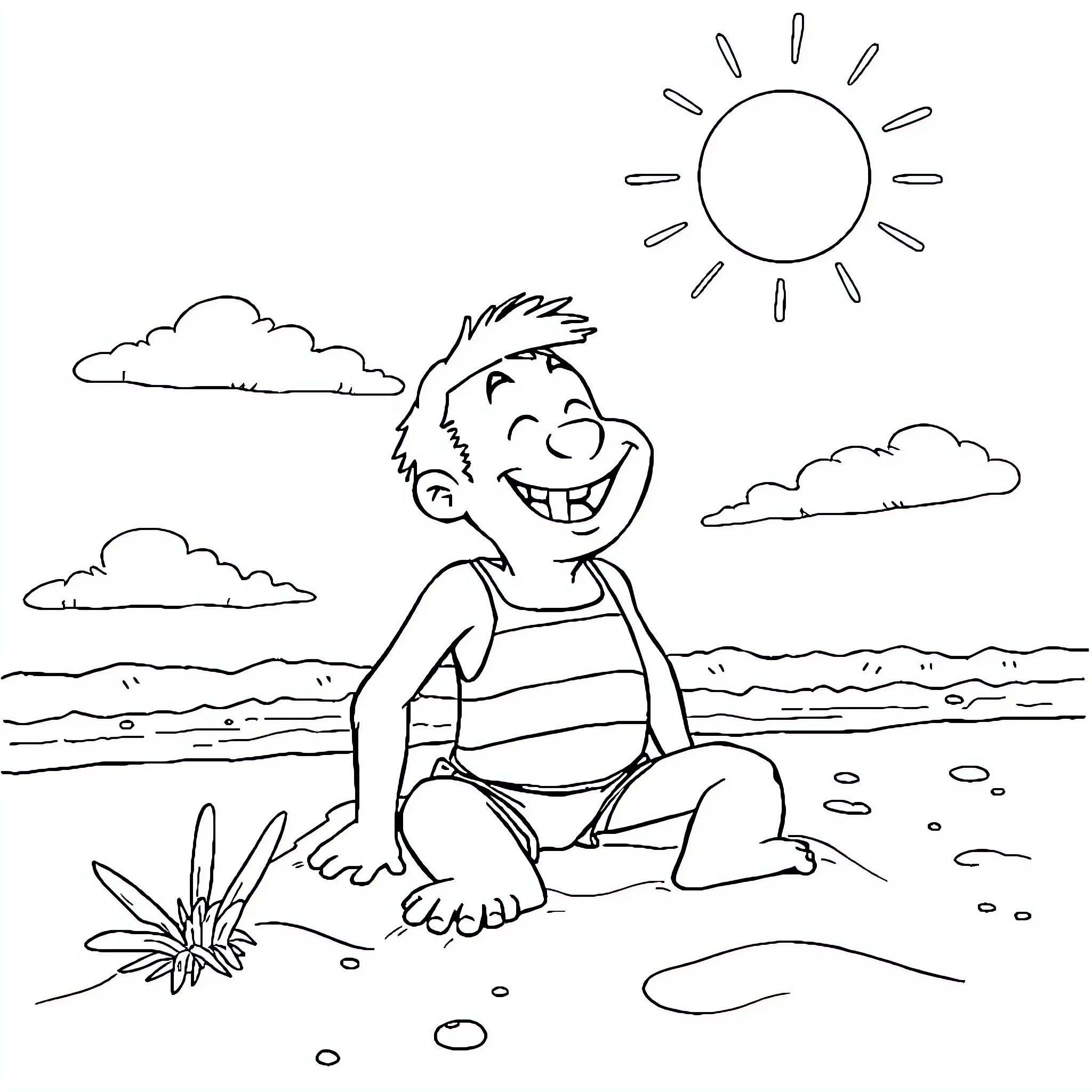 Jack enjoying a sunny day at the beach Coloring Page (free black-and-white line drawing printable PDF for all, from beginners to advanced learners, including children, teens, adults, and seniors)