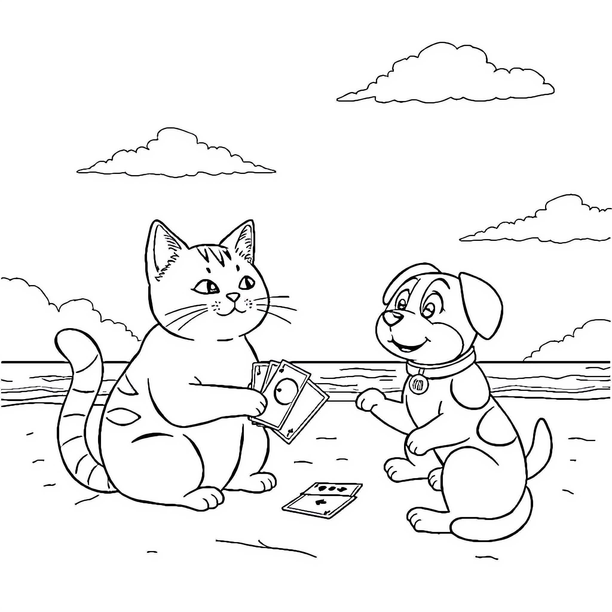 Cat and Puppy Playing Cards by the Beach Coloring Page (free black-and-white line drawing printable PDF for all, from beginners to advanced learners, including children, teens, adults, and seniors)