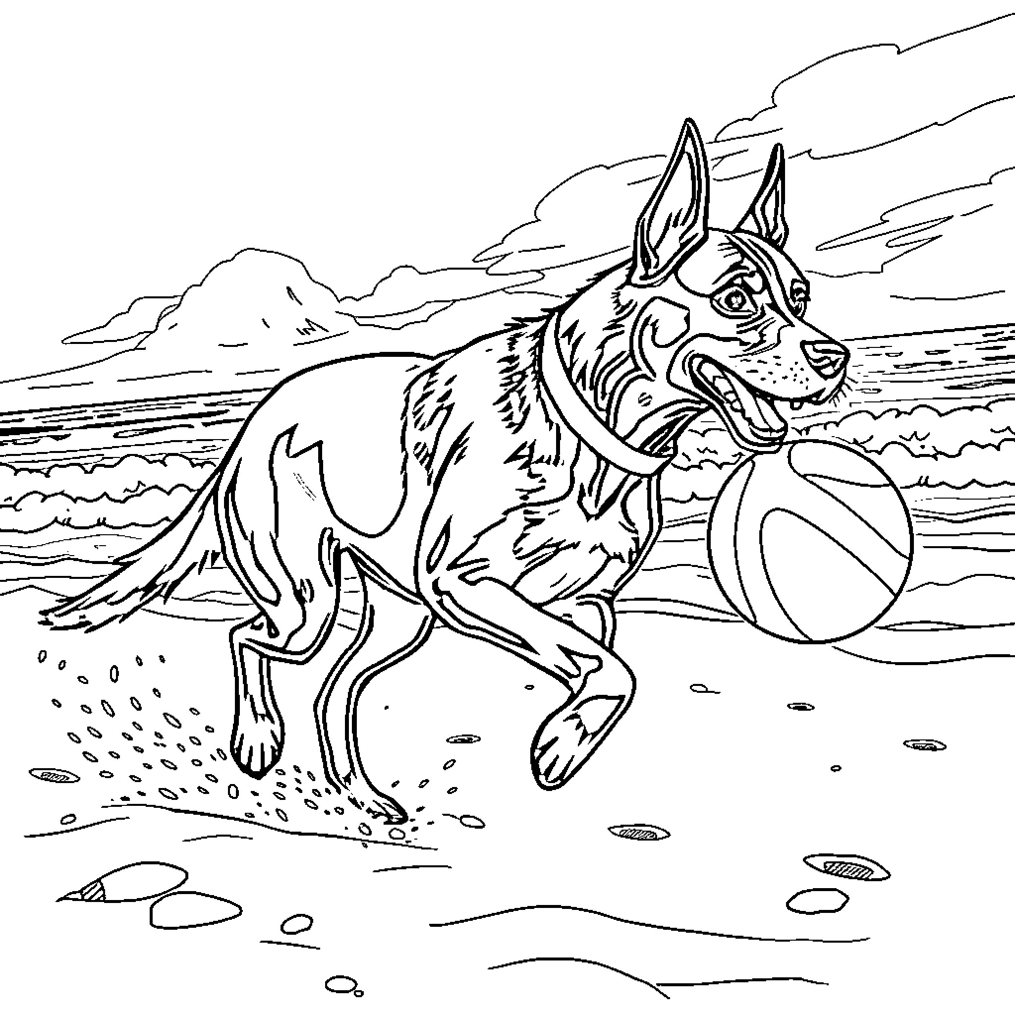 Perro playing joyfully with beach ball on the shore Coloring Page (free black-and-white line drawing printable PDF for all, from beginners to advanced learners, including children, teens, adults, and seniors)