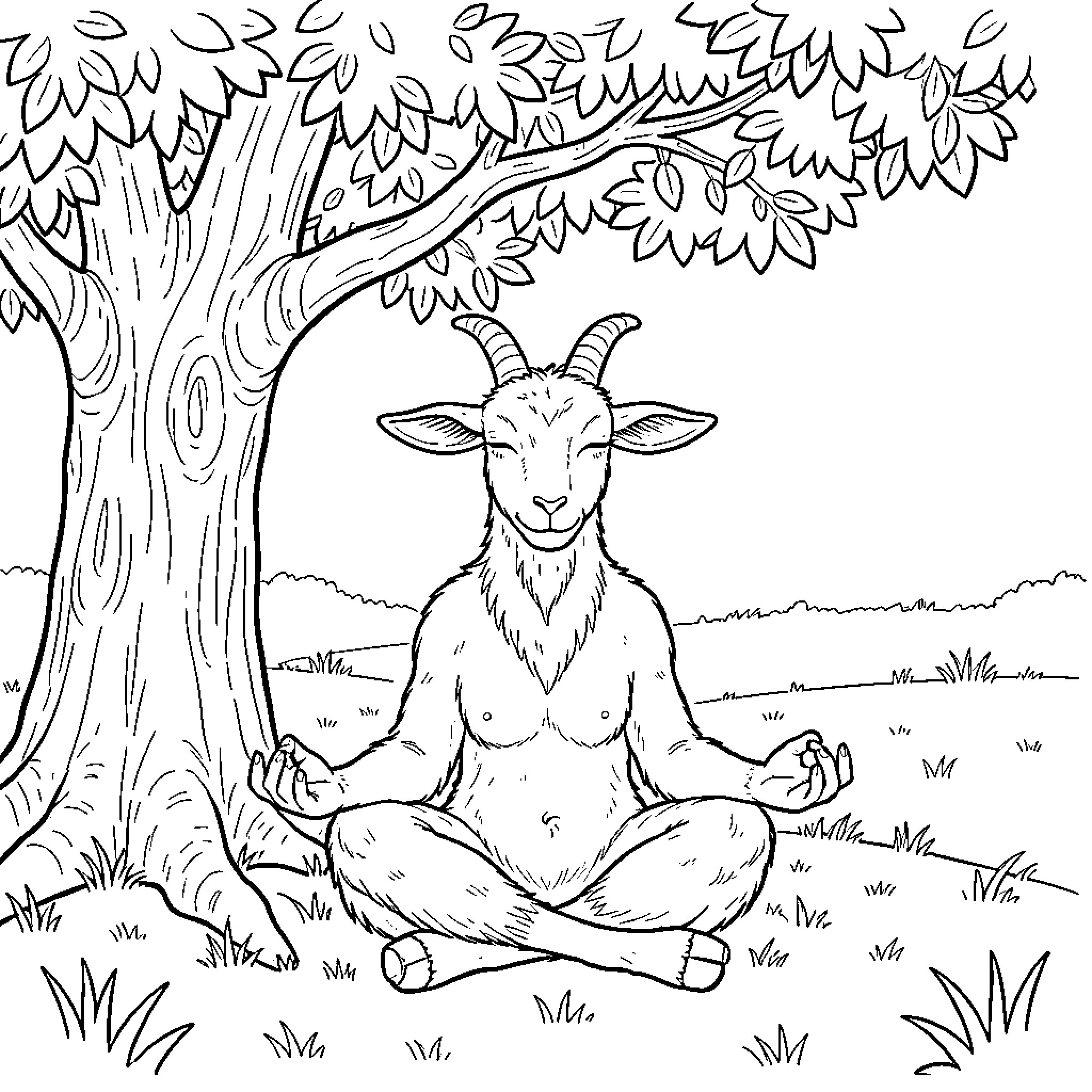 Goat practicing yoga in nature Coloring Page (free black-and-white line drawing printable PDF for all, from beginners to advanced learners, including children, teens, adults, and seniors)