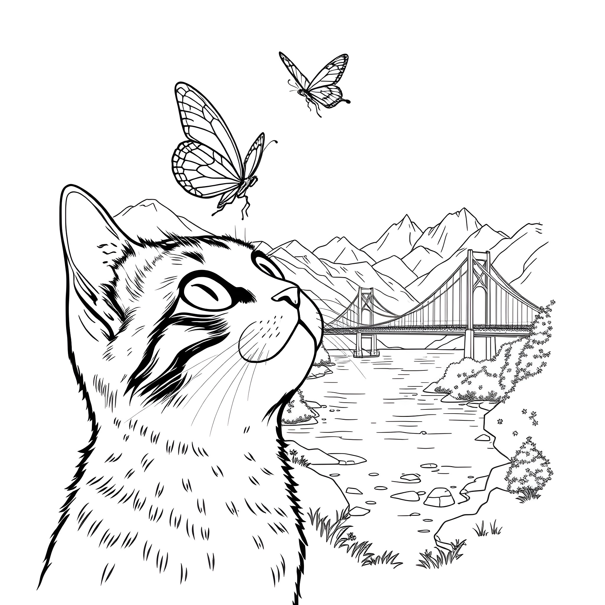 Cat gazing at butterflies in scenic landscape Coloring Page (free black-and-white line drawing printable PDF for all, from beginners to advanced learners, including children, teens, adults, and seniors)
