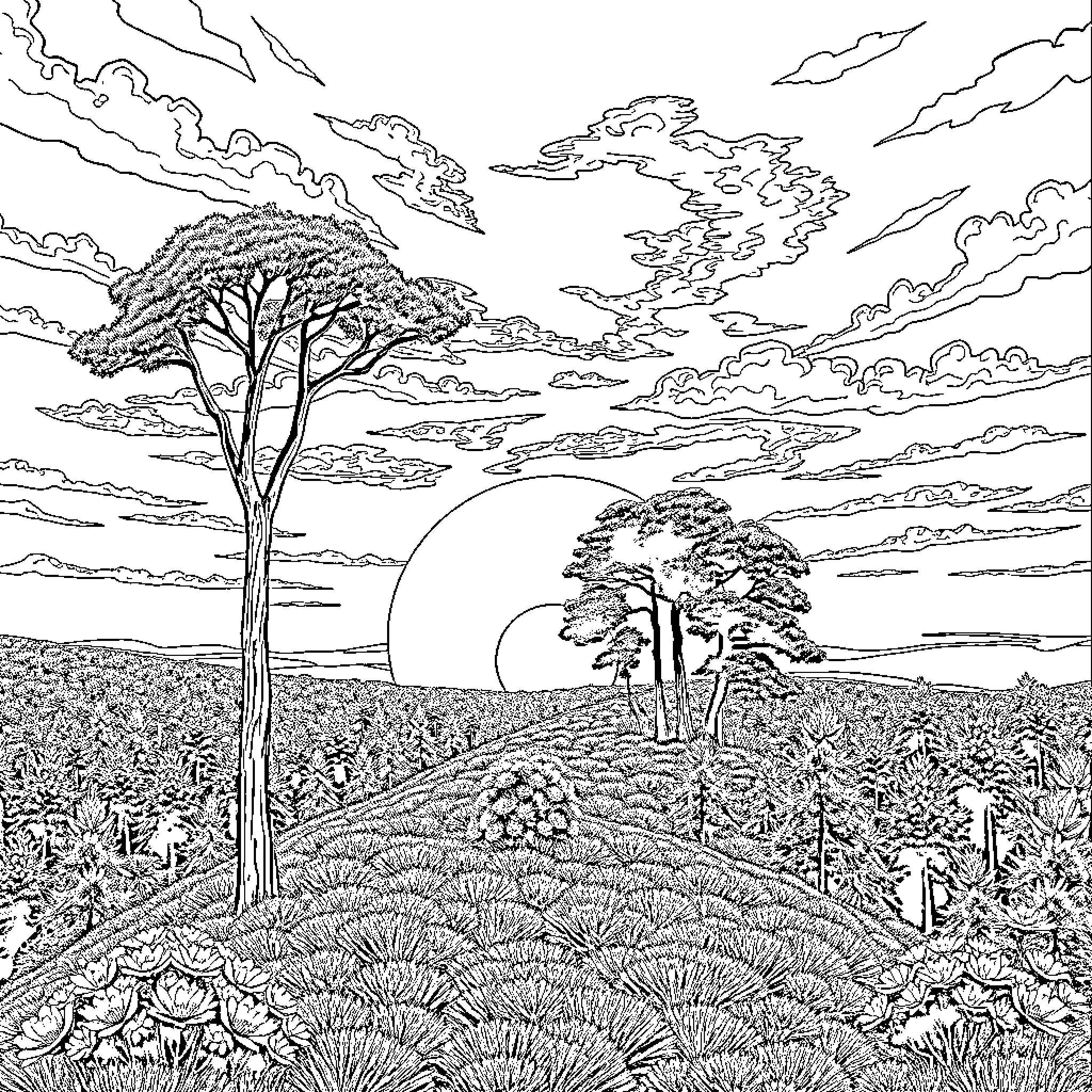 Hill landscape with silhouetted trees and moon Coloring Page (free black-and-white line drawing printable PDF for all, from beginners to advanced learners, including children, teens, adults, and seniors)