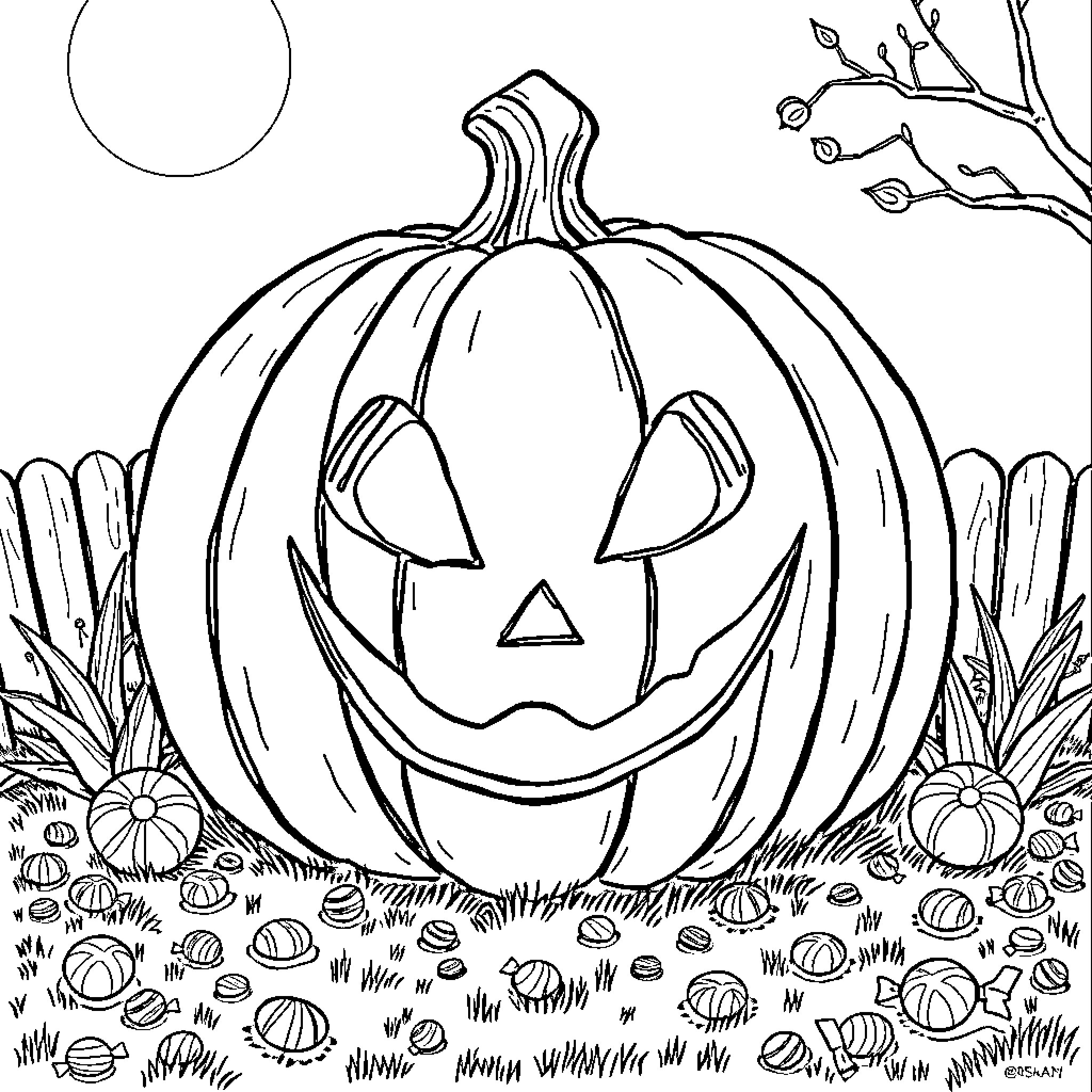 Jack-o'-lantern smiling in the Halloween garden Coloring Page (free black-and-white line drawing printable PDF for all, from beginners to advanced learners, including children, teens, adults, and seniors)