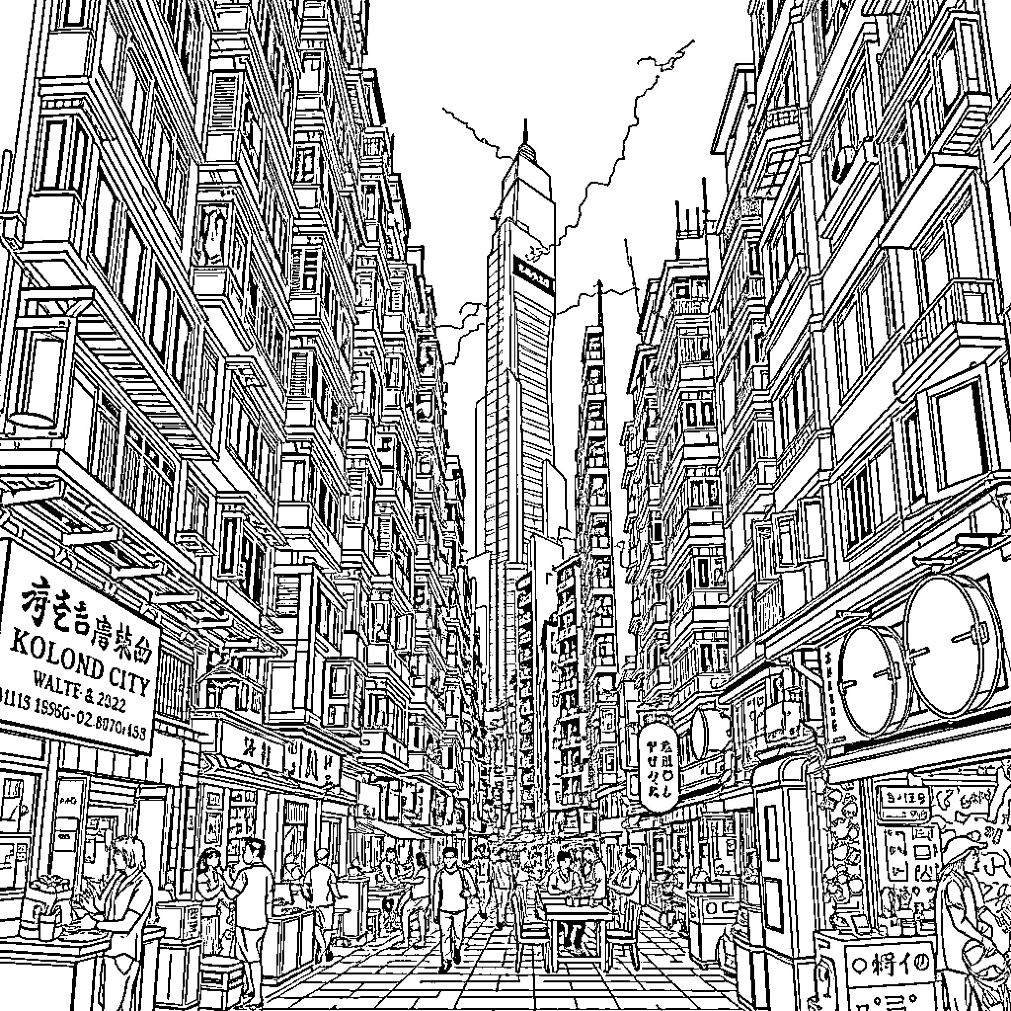 Kowloon City Bustling with Diverse Crowd and Buildings Coloring Page (free black-and-white line drawing printable PDF for all, from beginners to advanced learners, including children, teens, adults, and seniors)