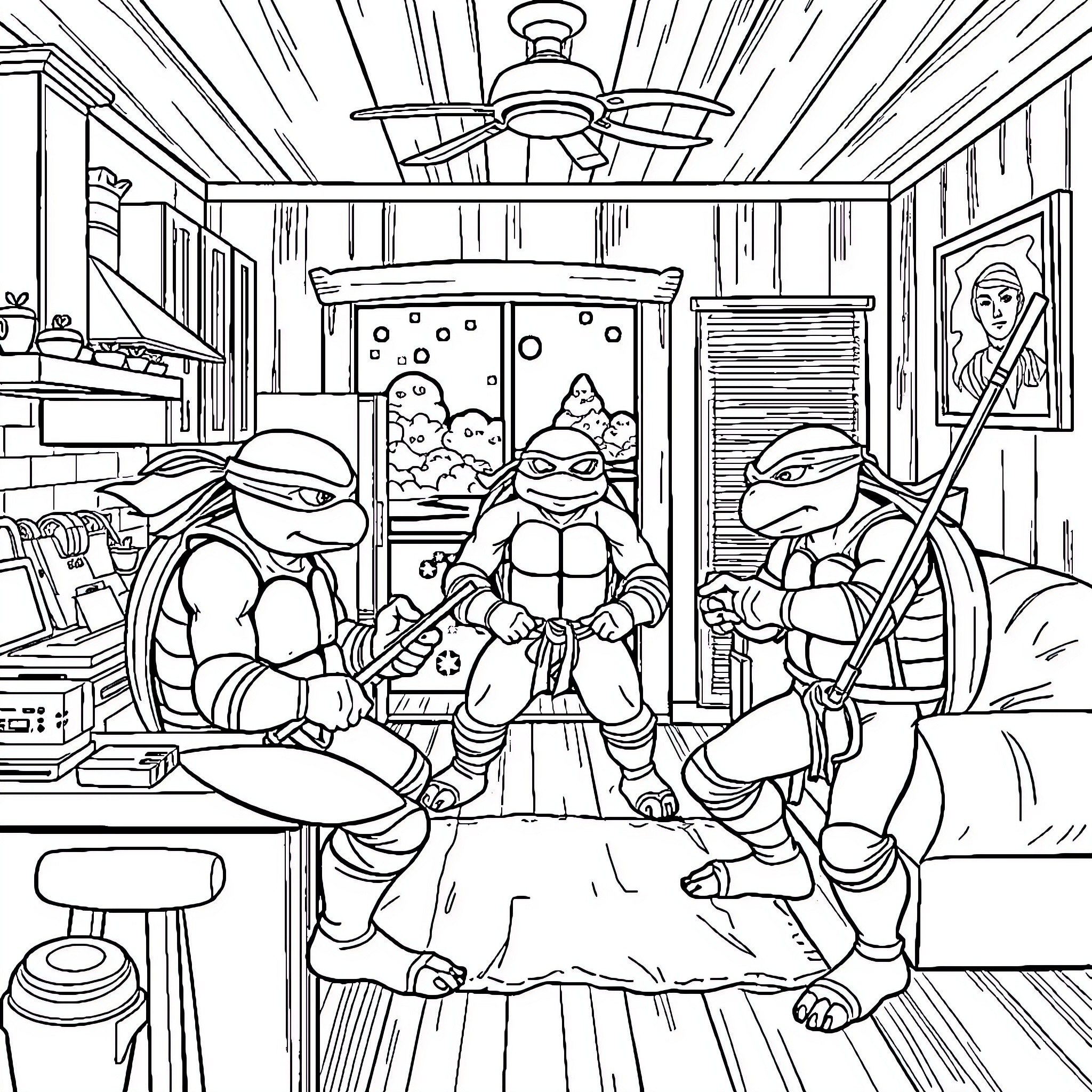 Ninja Turtles in Heroic Action Coloring Page (free black-and-white line drawing printable PDF for all, from beginners to advanced learners, including children, teens, adults, and seniors)