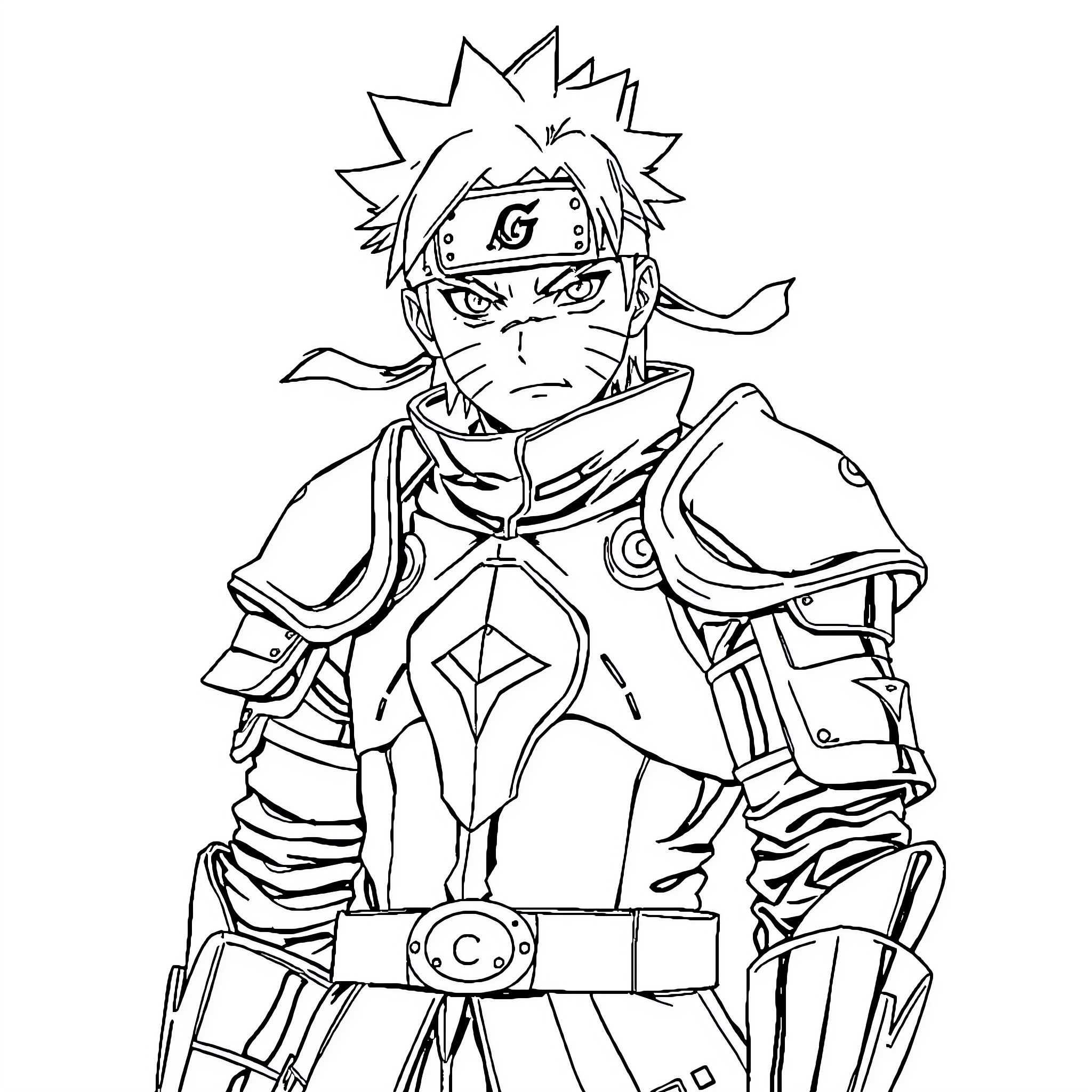 Naruto in heroic battle stance with ninja gear Coloring Page (free black-and-white line drawing printable PDF for all, from beginners to advanced learners, including children, teens, adults, and seniors)
