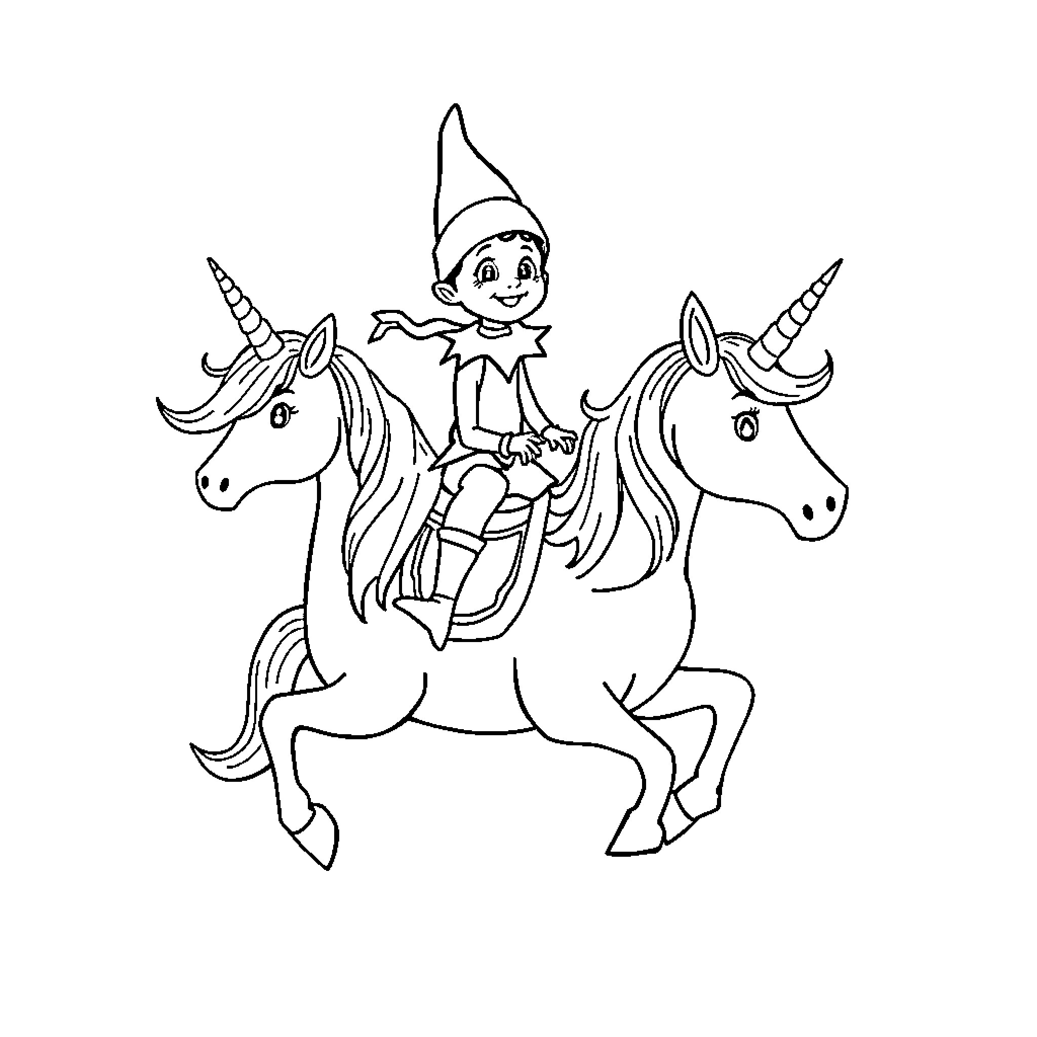 Elf riding magical unicorns Coloring Page (free black-and-white line drawing printable PDF for all, from beginners to advanced learners, including children, teens, adults, and seniors)