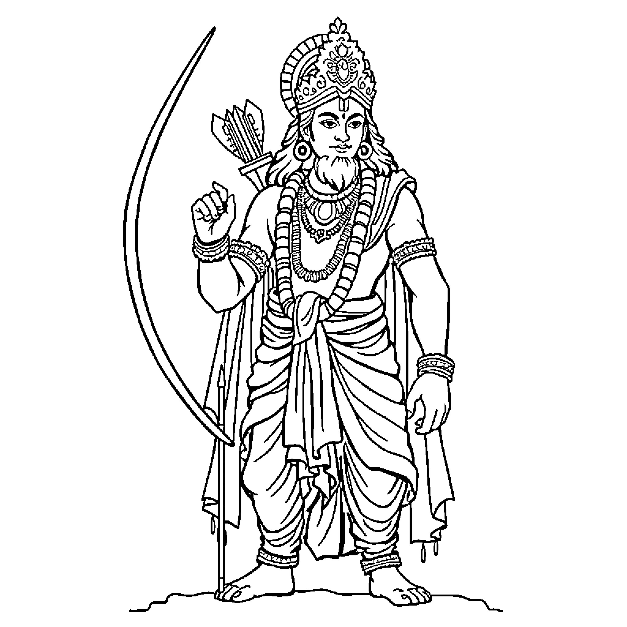 Lord Rama standing with bow and arrow in royal attire Coloring Page (free black-and-white line drawing printable PDF for all, from beginners to advanced learners, including children, teens, adults, and seniors)