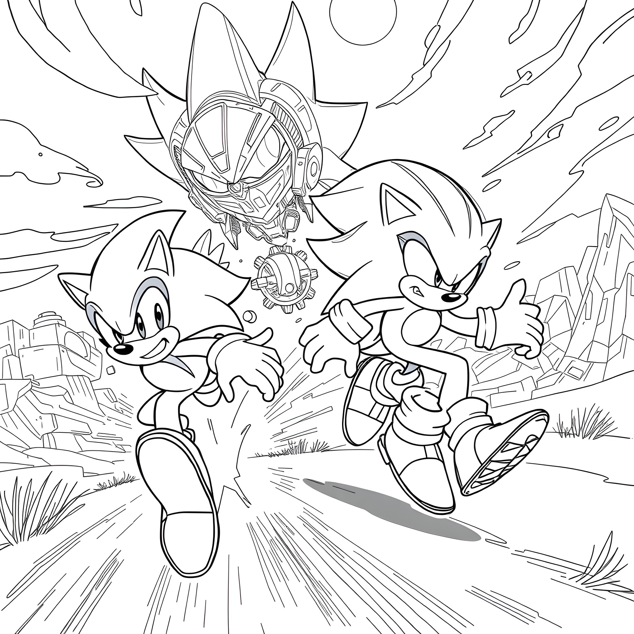 Sonic and Friends in Action-Packed Adventure Coloring Page (free black-and-white line drawing printable PDF for all, from beginners to advanced learners, including children, teens, adults, and seniors)