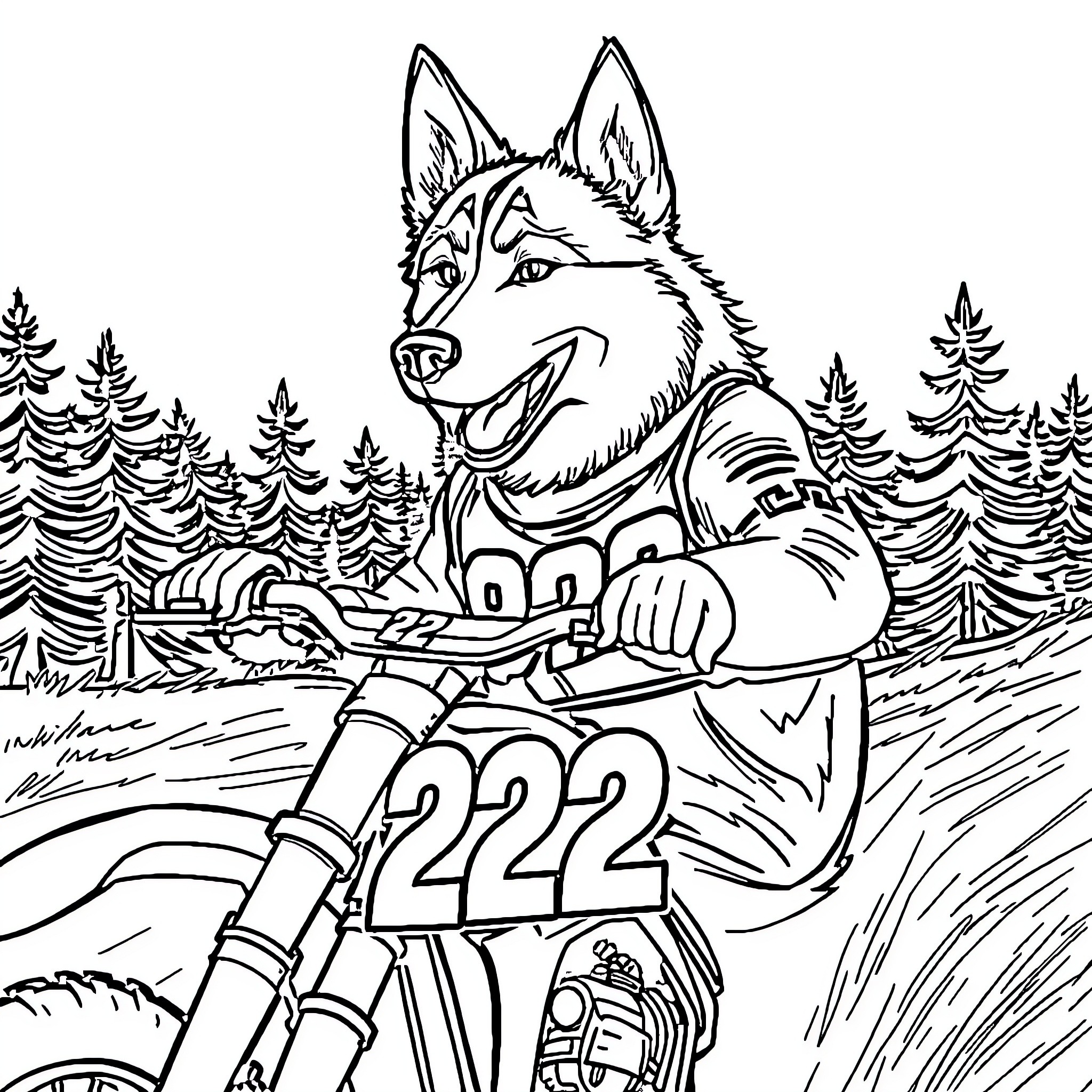 Husky racing on motorbike through forest Coloring Page (free black-and-white line drawing printable PDF for all, from beginners to advanced learners, including children, teens, adults, and seniors)