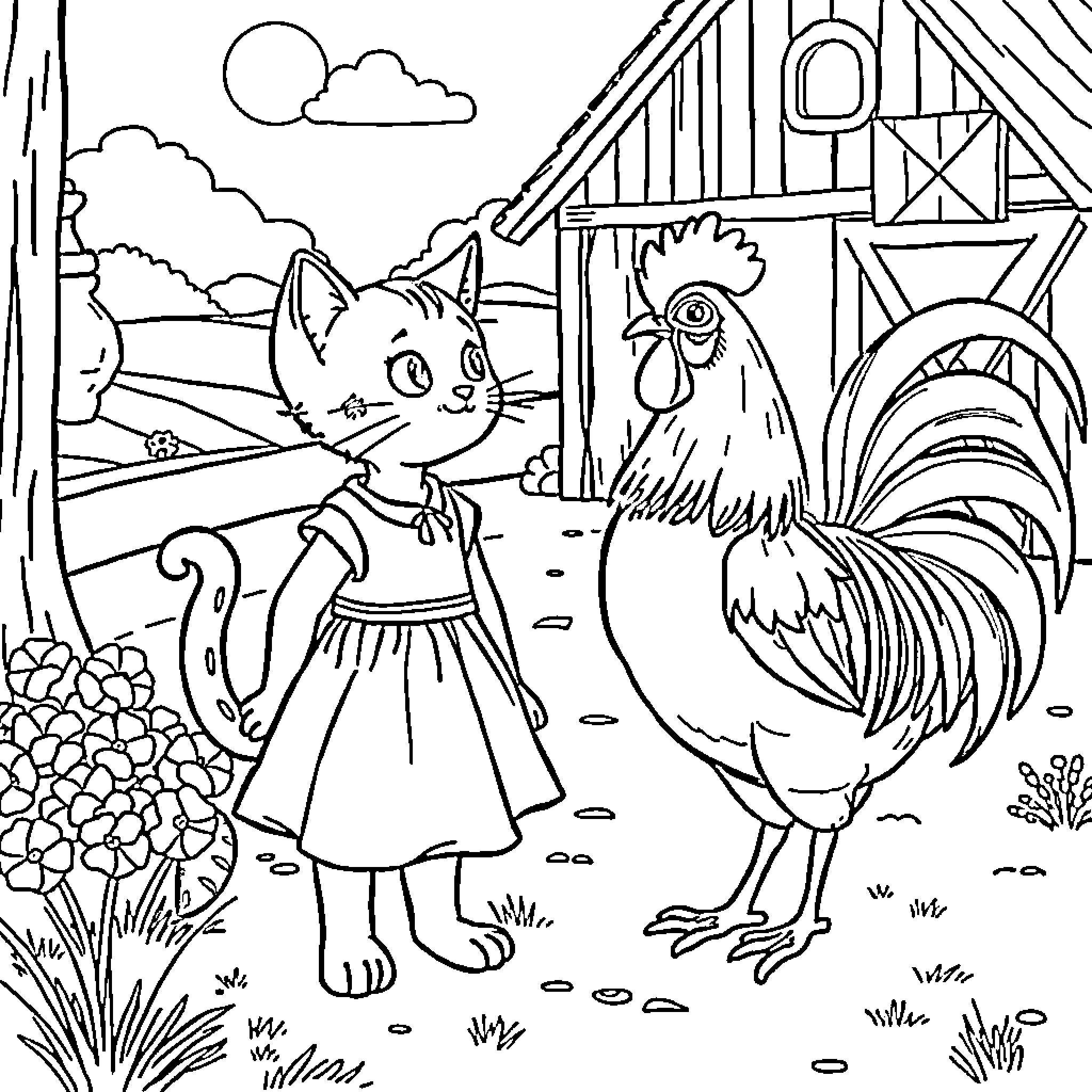 Cat exploring the farm with a rooster Coloring Page (free black-and-white line drawing printable PDF for all, from beginners to advanced learners, including children, teens, adults, and seniors)