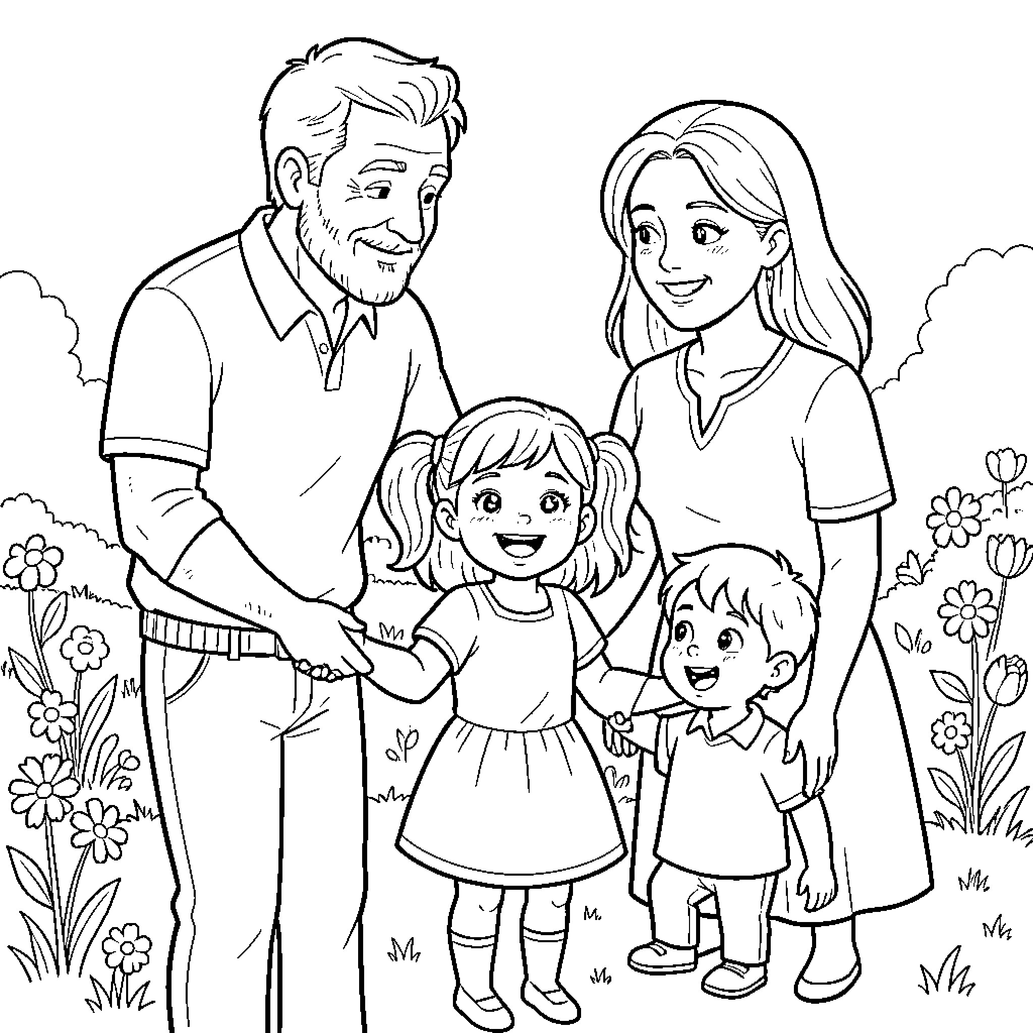 Family smiling together in a blooming flower garden Coloring Page (free black-and-white line drawing printable PDF for all, from beginners to advanced learners, including children, teens, adults, and seniors)