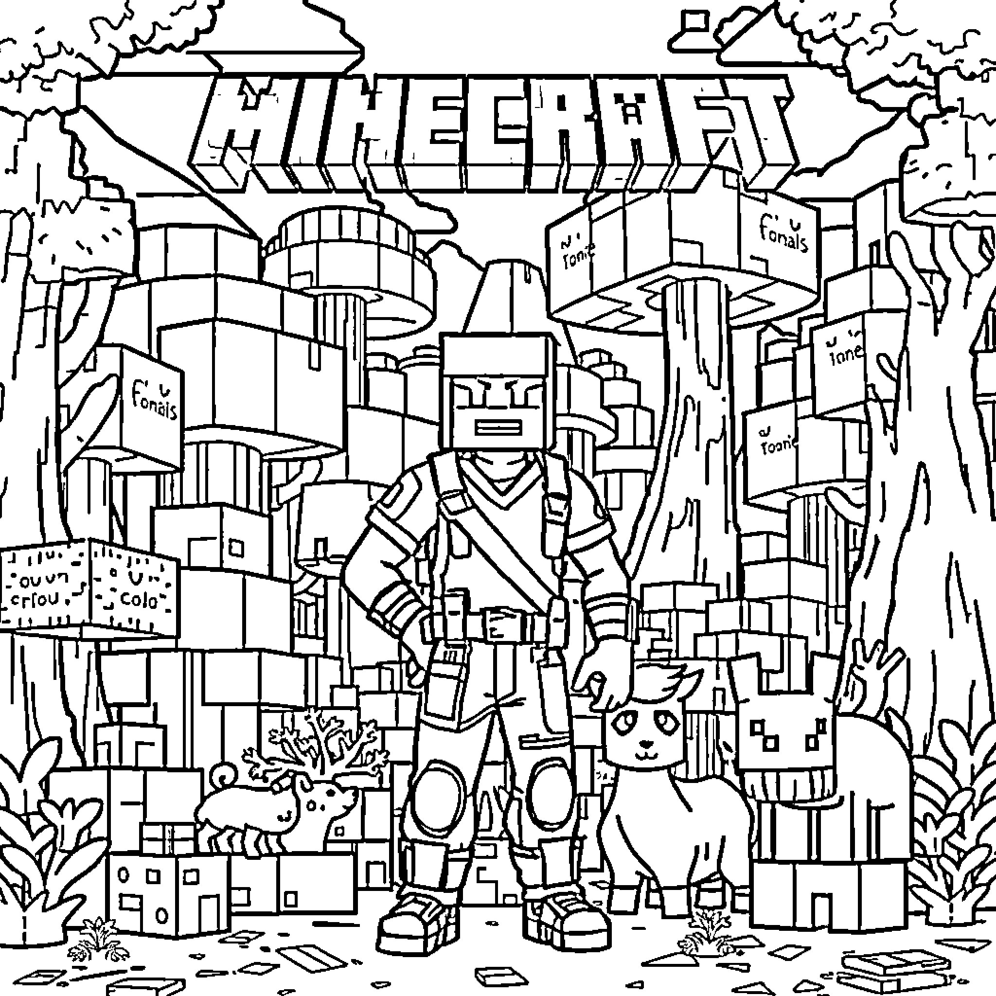 Character in a Minecraft-inspired landscape Coloring Page (free black-and-white line drawing printable PDF for all, from beginners to advanced learners, including children, teens, adults, and seniors)